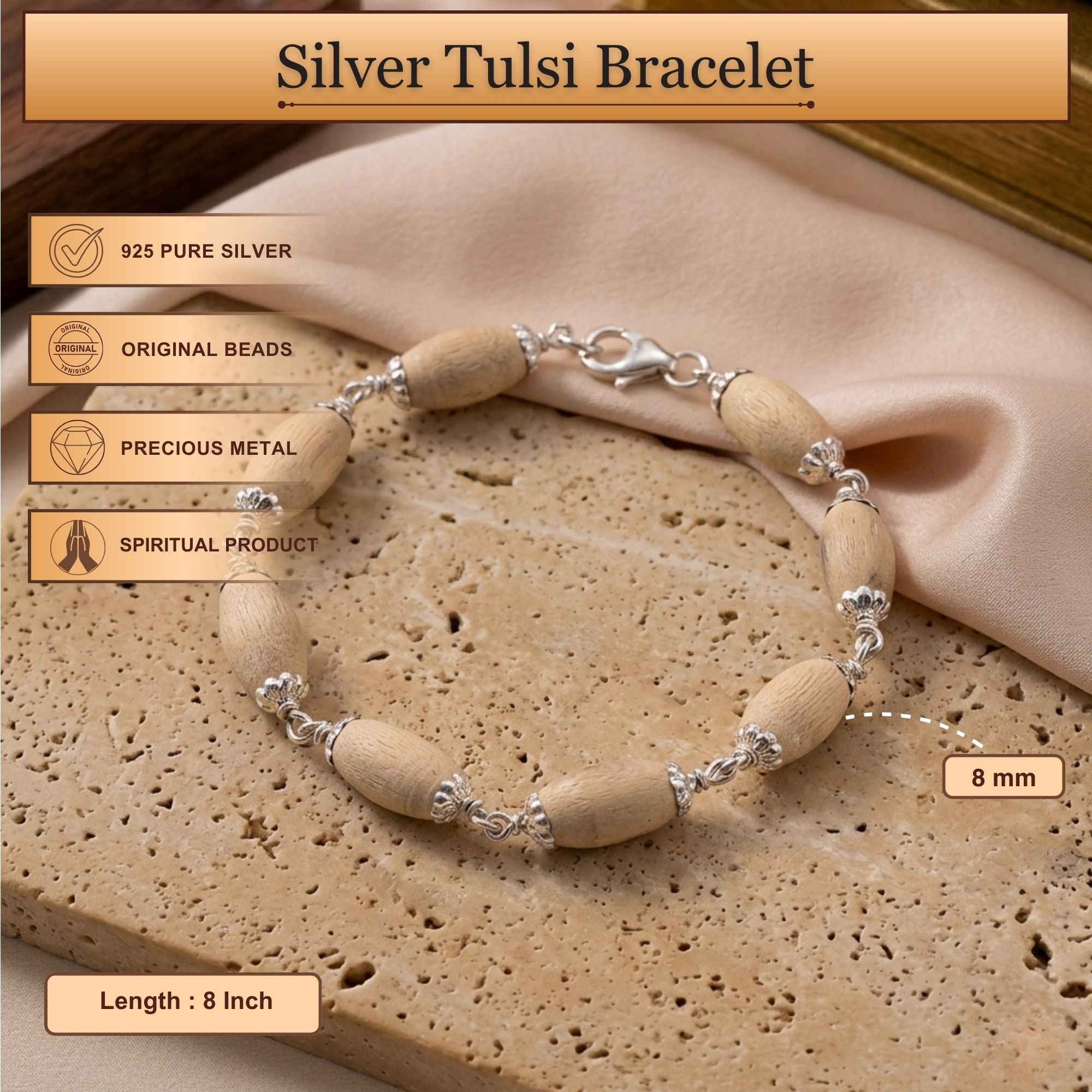 Size and length dimensions of the 925 pure silver oval Tulsi bead bracelet