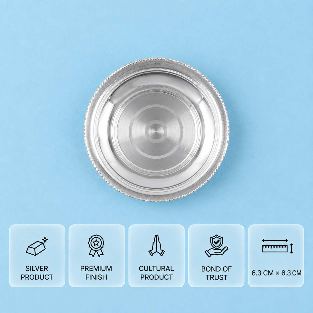 Round 925 silver thali with a patterned rim on a blue background, with feature cards showing 6.3 × 6.3 cm dimensions.