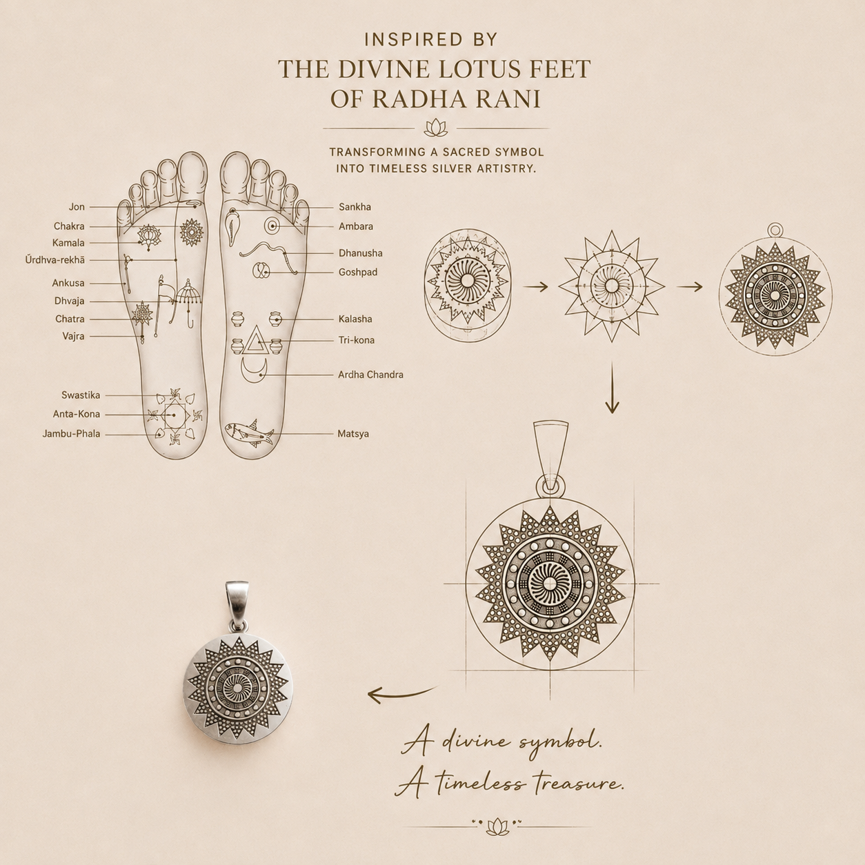 925 silver round sun mandala pendant measuring 36 x 22 mm, inspired by the divine lotus feet of Radha Rani