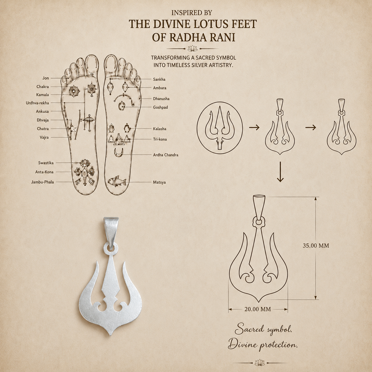 925 silver trishul pendant inspired by the divine lotus feet of Radha Rani