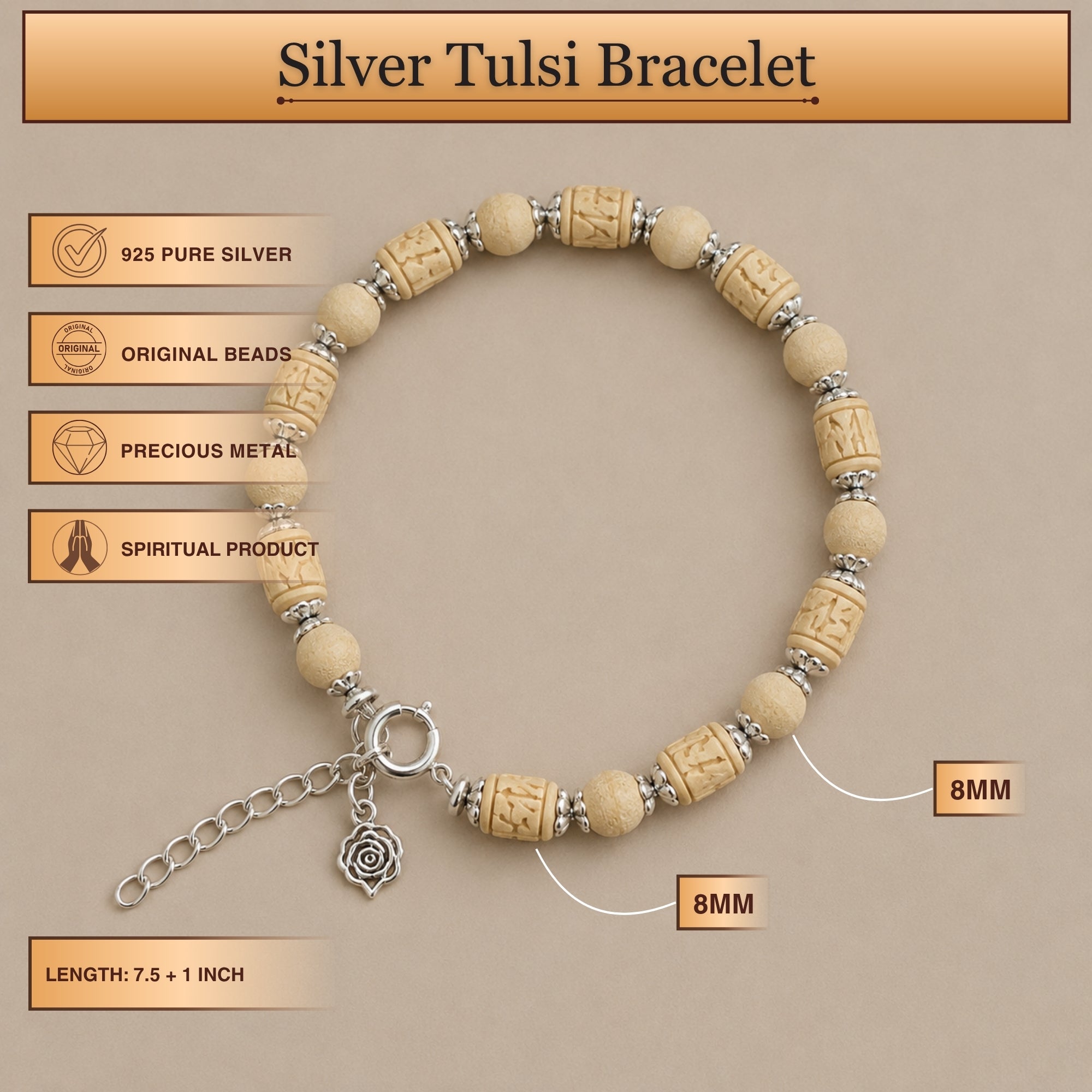 Size and length dimensions of the 925 pure silver Tulsi bead bracelet with protective silver caps