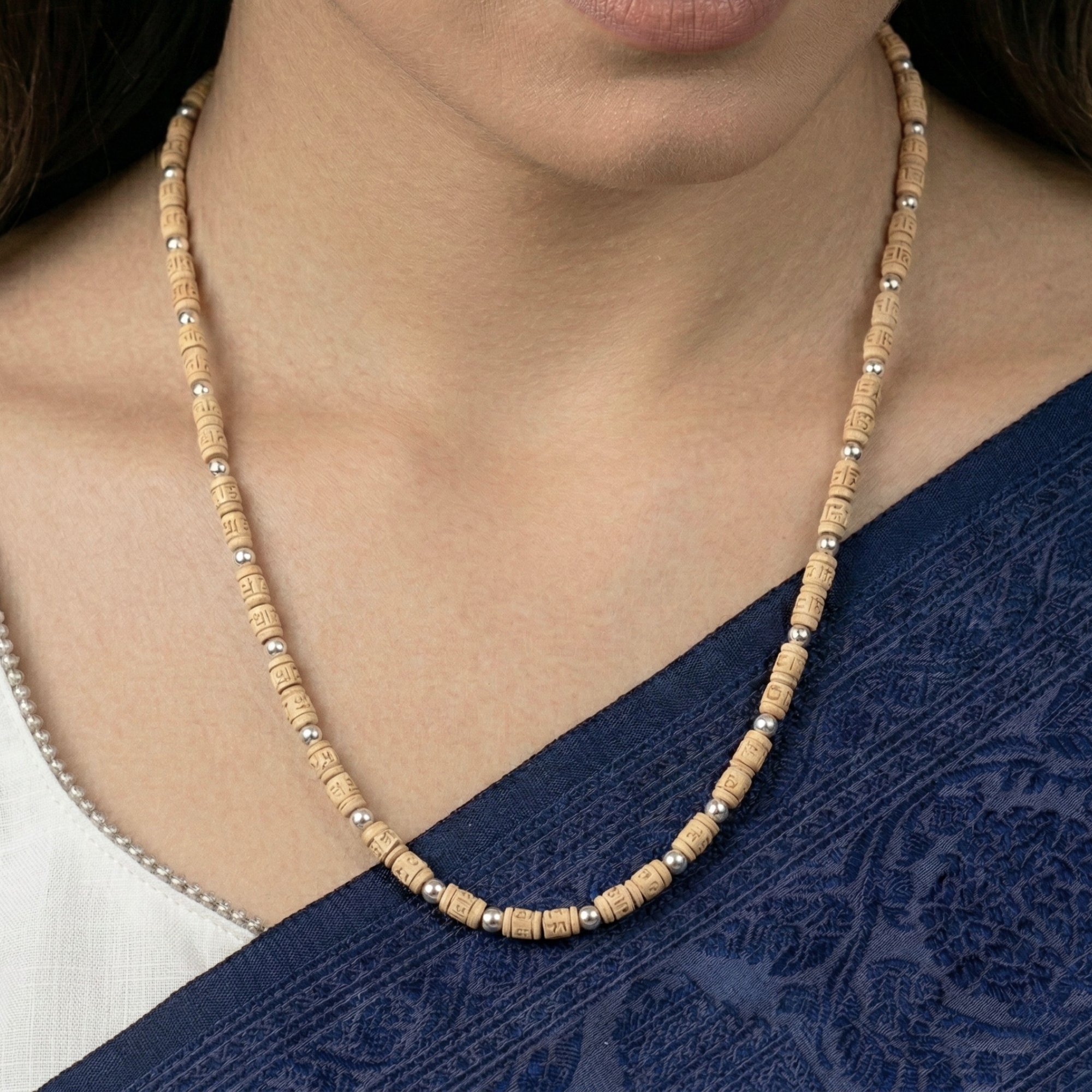 premium 925 silver Tulsi Kanthi Mala with authentic wood beads