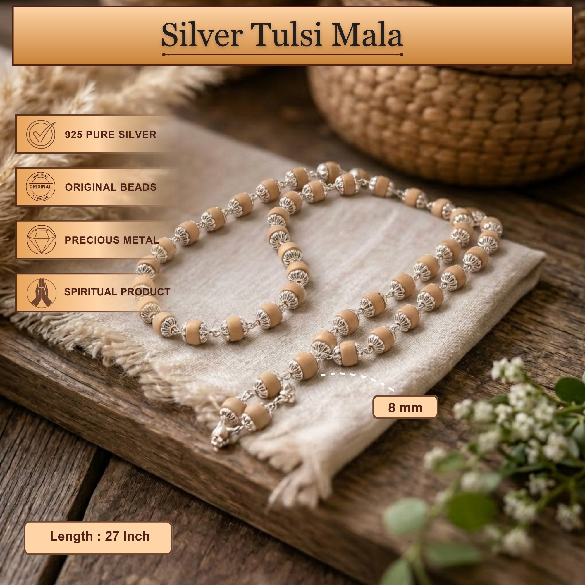 Length and bead size details of the 27 inch 925 pure silver capped authentic Tulsi mala