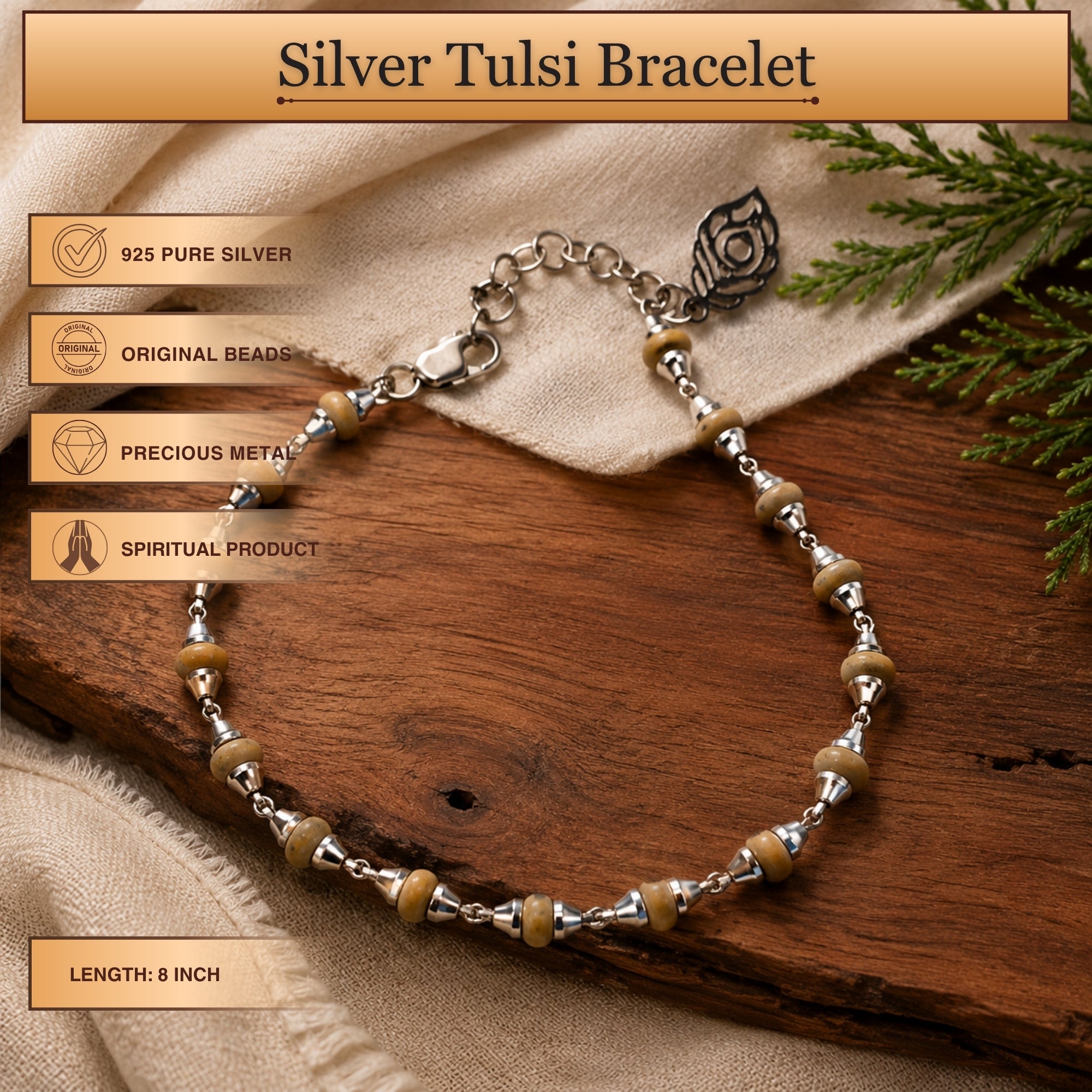 Size and length dimensions of the 925 silver Tulsi bead bracelet with a peacock feather charm