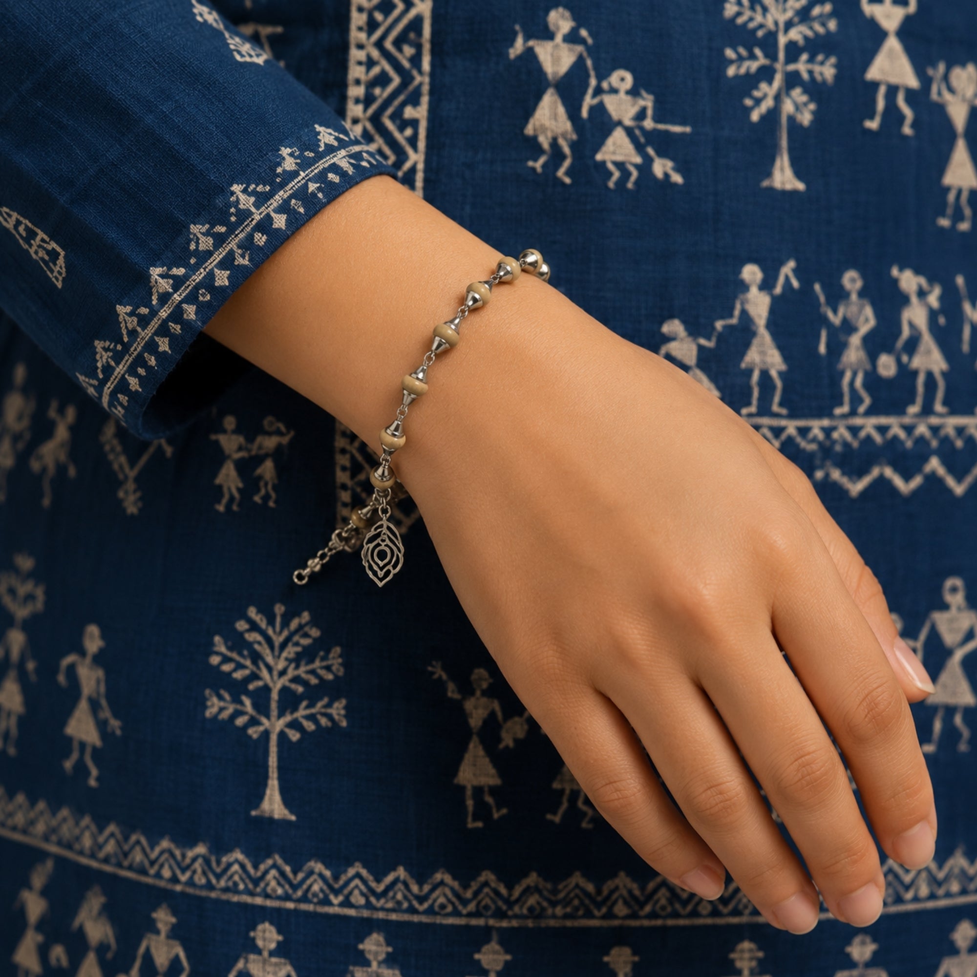 925 silver Tulsi wood bead bracelet featuring a silver Morpankh peacock feather charm
