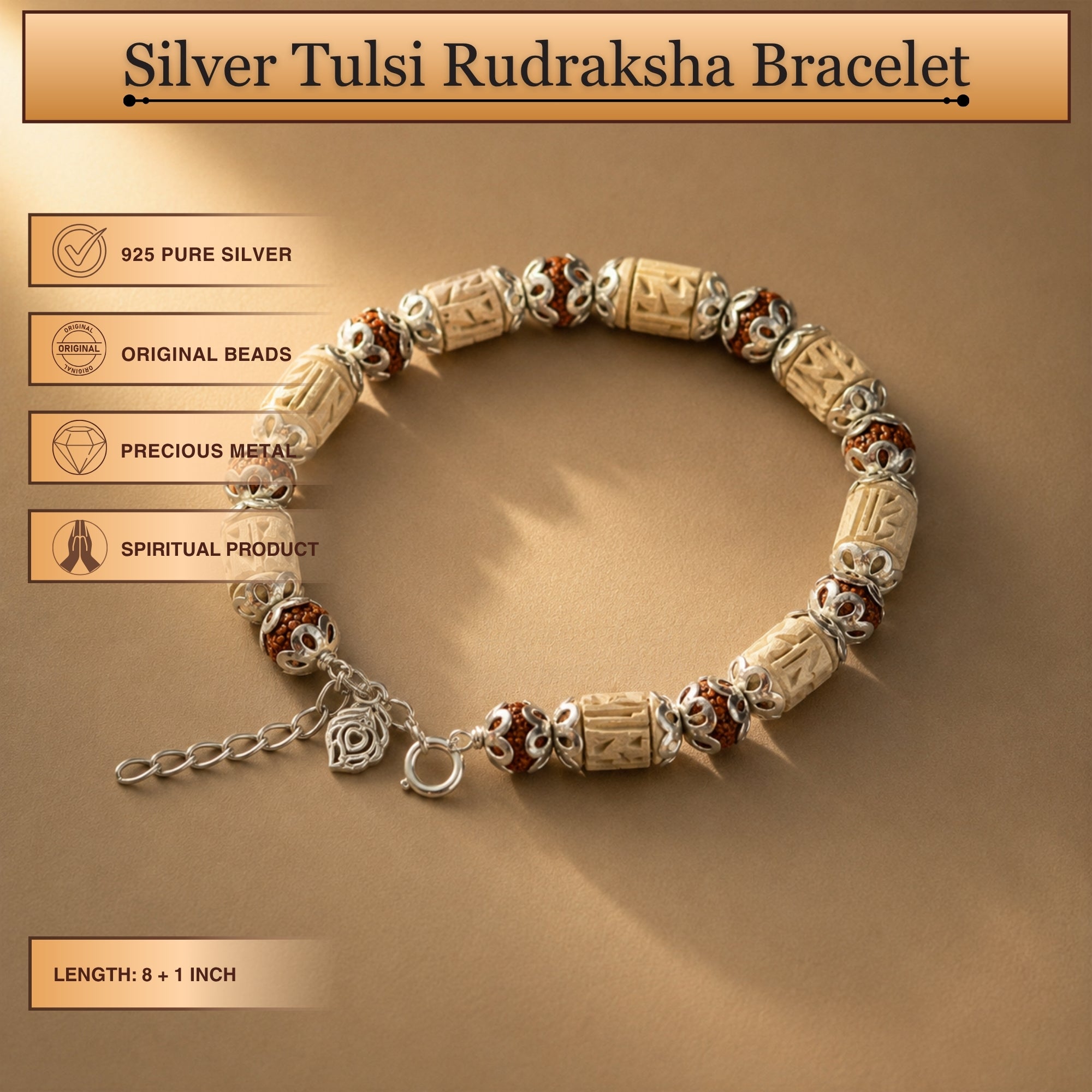 Size and length dimensions of the 925 pure silver Tulsi and Rudraksha bead bracelet