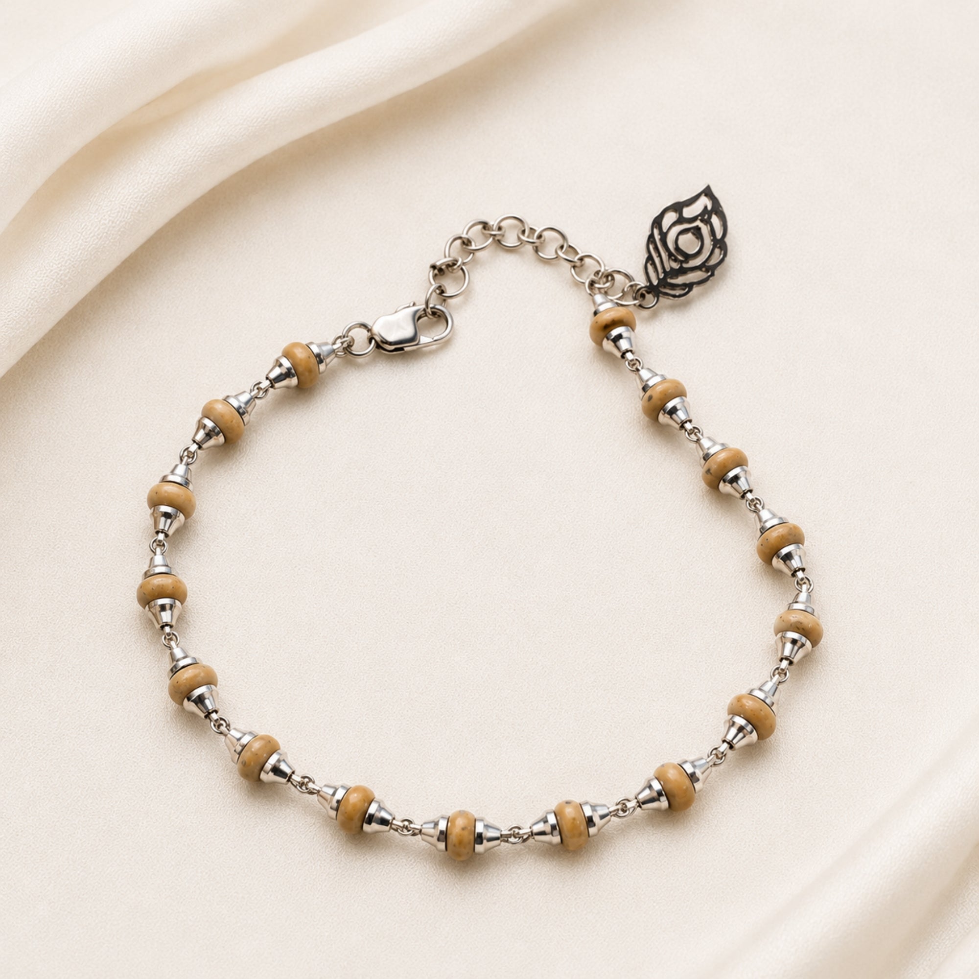 925 silver Tulsi wood bracelet featuring an attached silver Morpankh charm