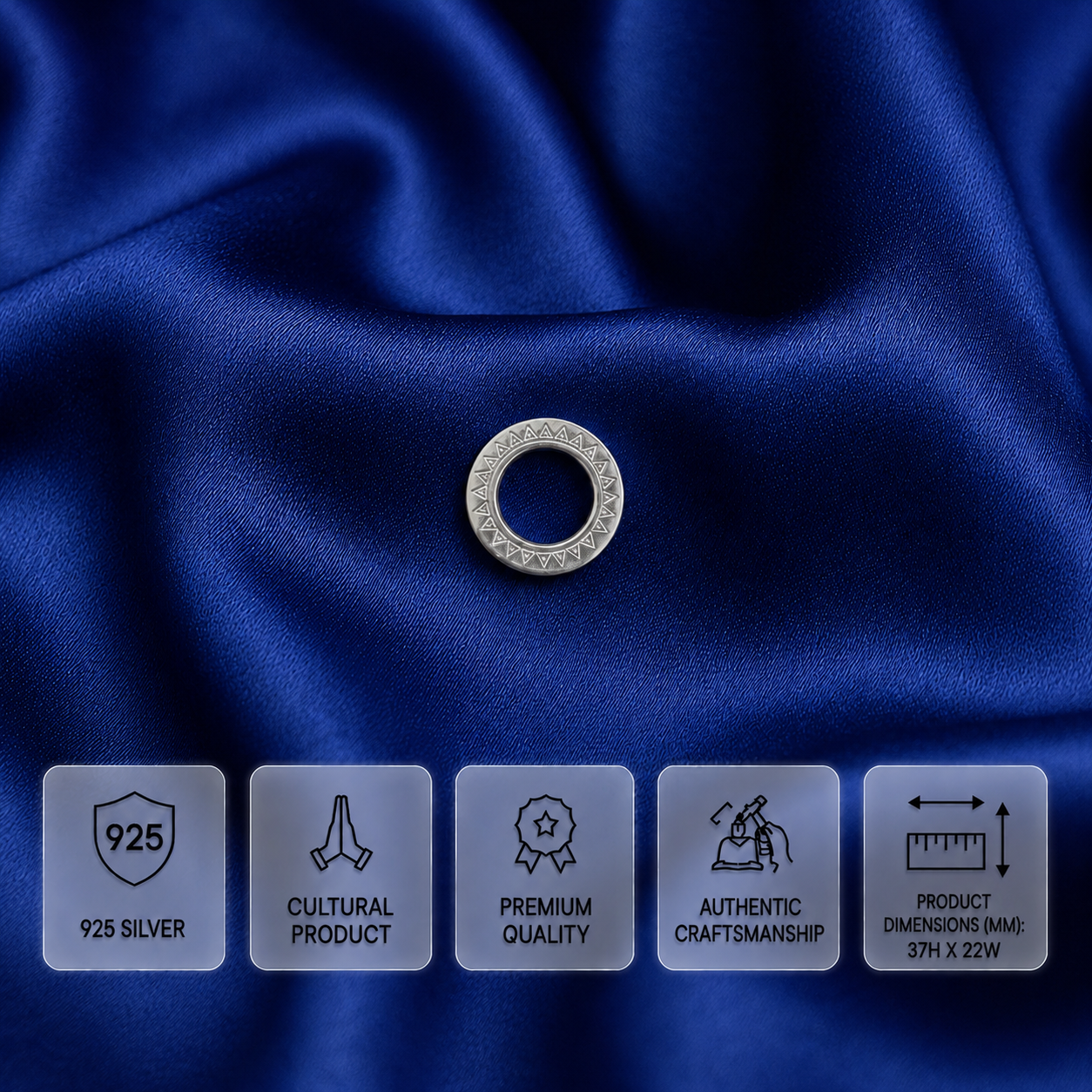 A silver rhinestone-studded ring with a single eyelet, displayed on a draped royal blue satin fabric background, with five feature tiles at the bottom detailing its 925 silver purity, cultural quality, premium status, craftsmanship, and dimensions.