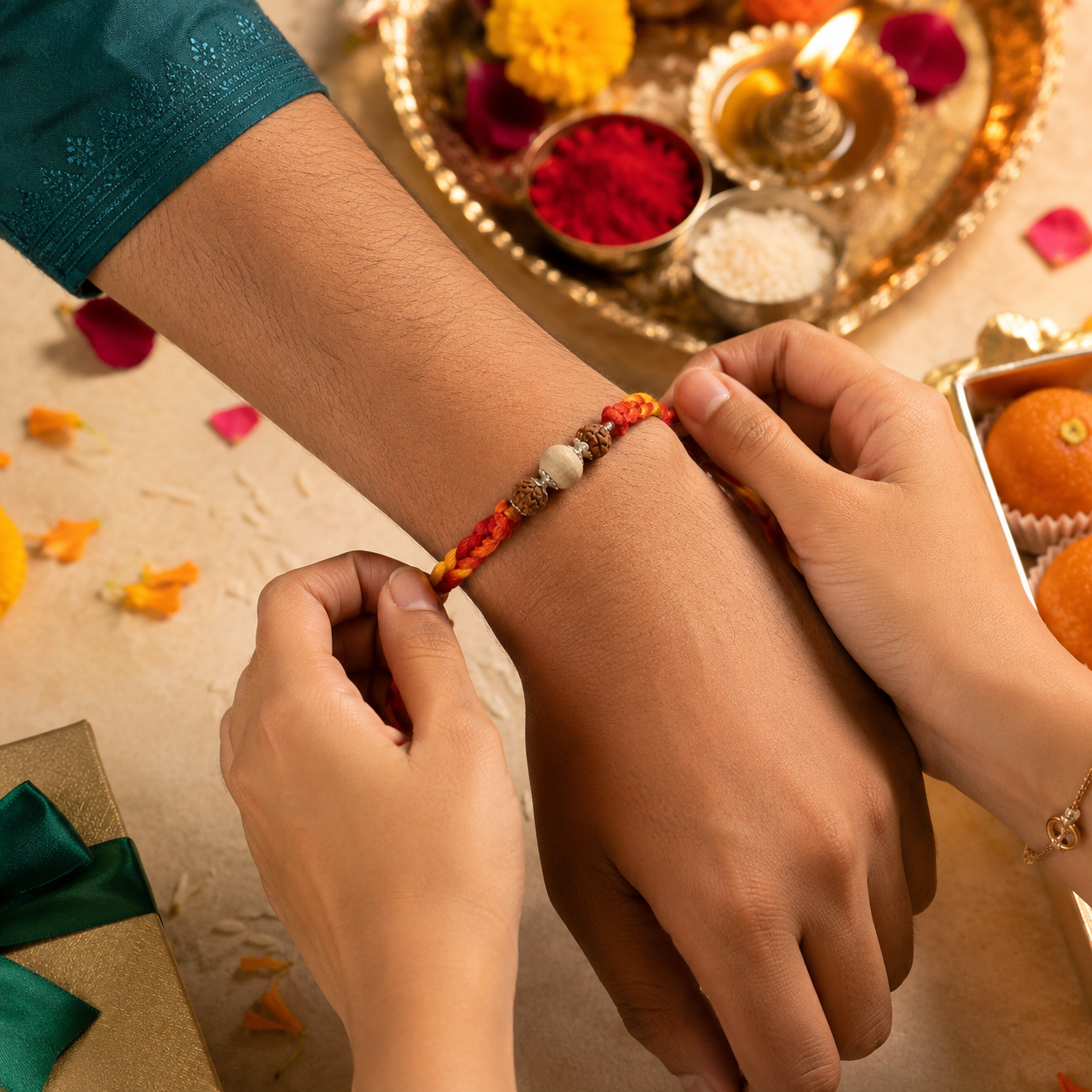 Hands tying 925 pure silver capped alternating Tulsi and Rudraksha sacred rakhi bracelet on brother wrist for Raksha Bandhan