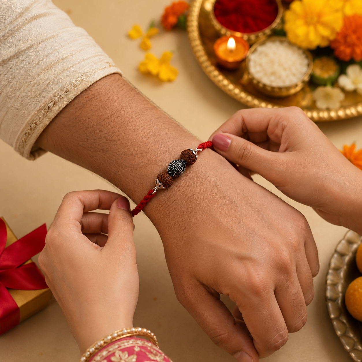 Hands tying 925 pure silver carved floral Rudraksha bead rakhi bracelet on brother wrist for Raksha Bandhan