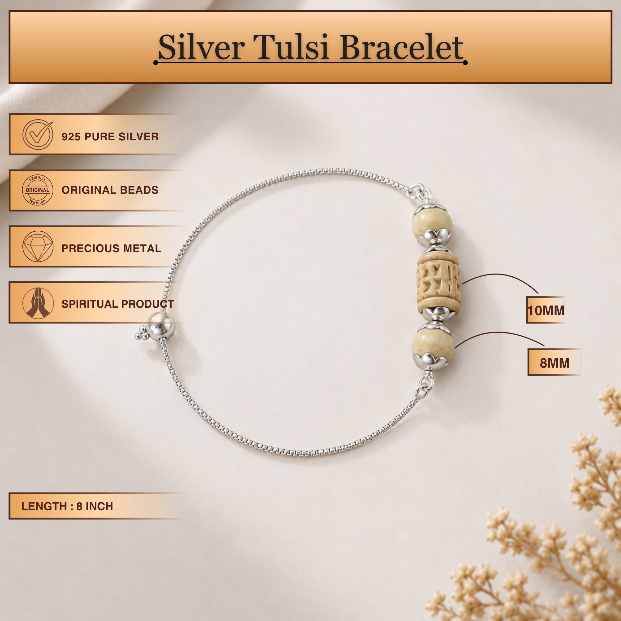 Infographic displaying features of 925 pure silver carved Tulsi bead bracelet