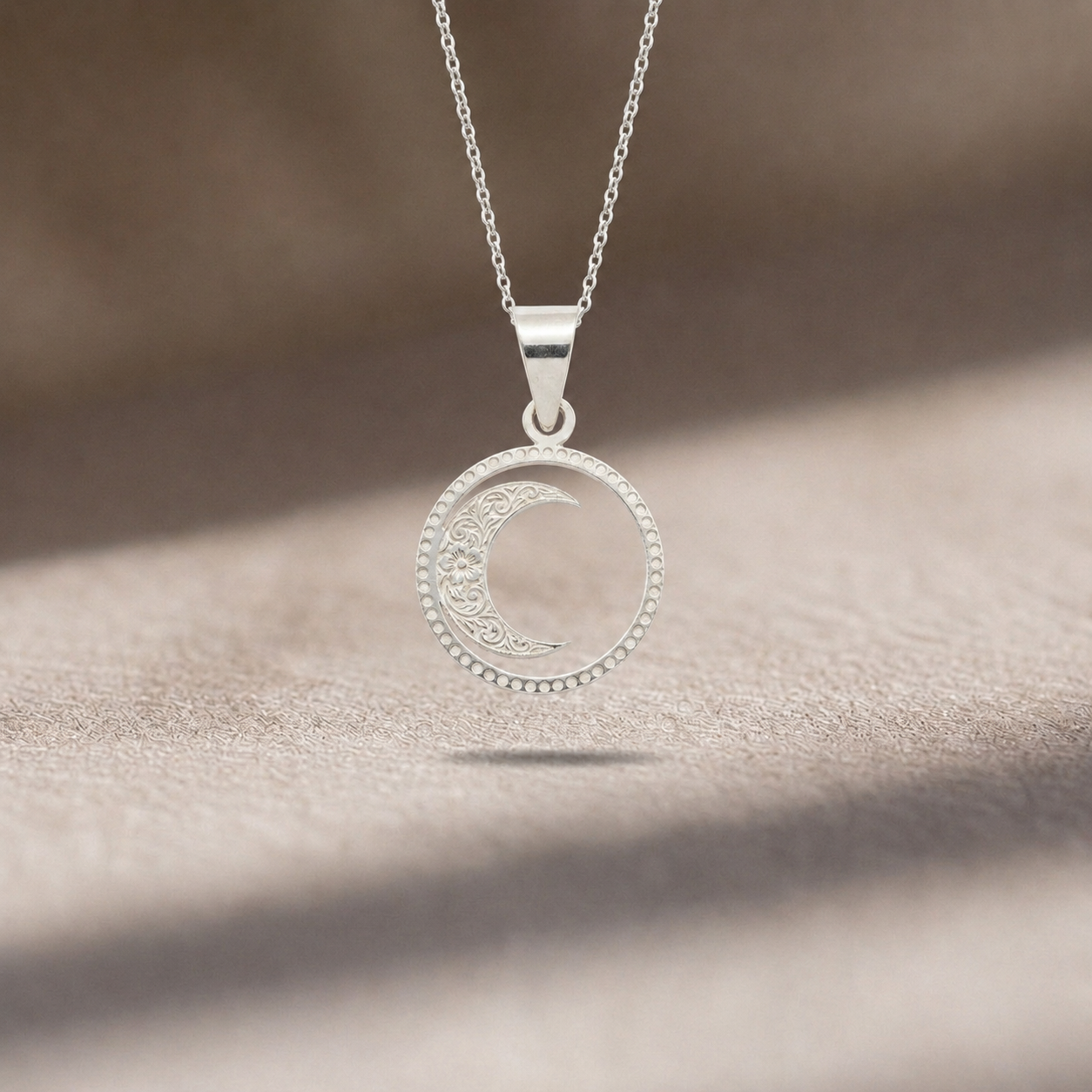 925 pure silver half moon crescent halo pendant locket for men and women displayed on fine silver chain