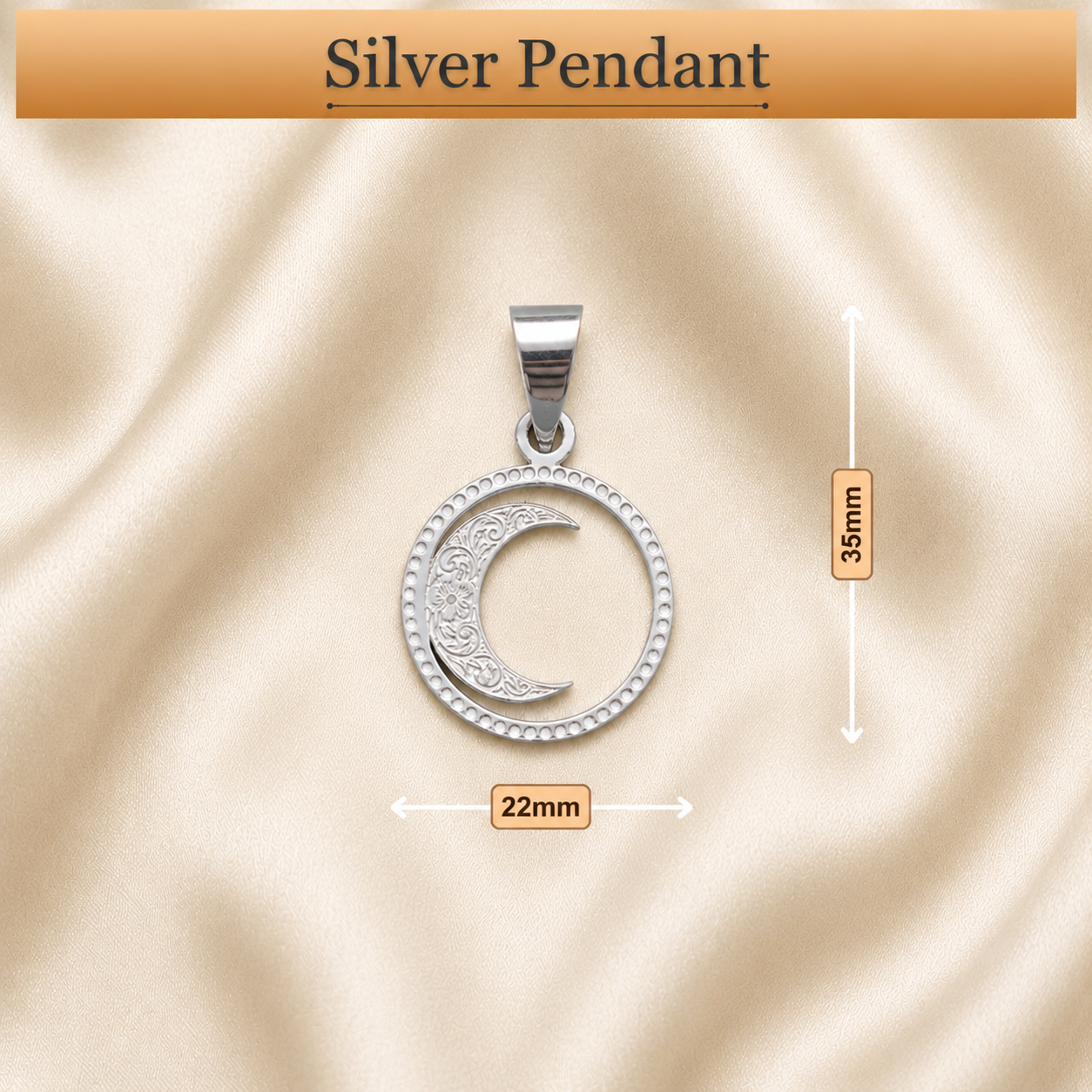 Dimension diagram showing size and measurement of 925 pure silver half moon crescent halo pendant locket