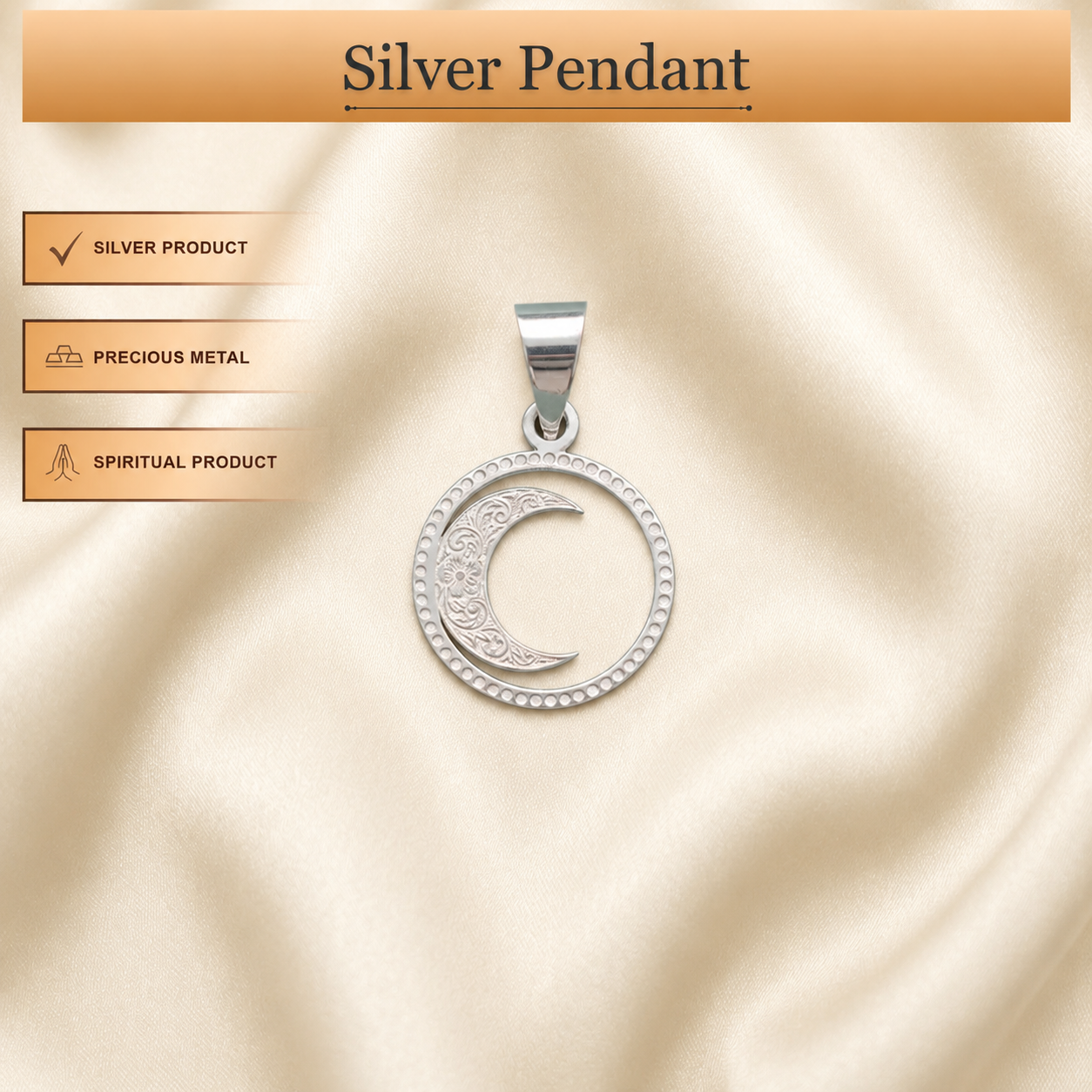 Infographic displaying features of 925 pure silver half moon crescent halo pendant locket for men and women