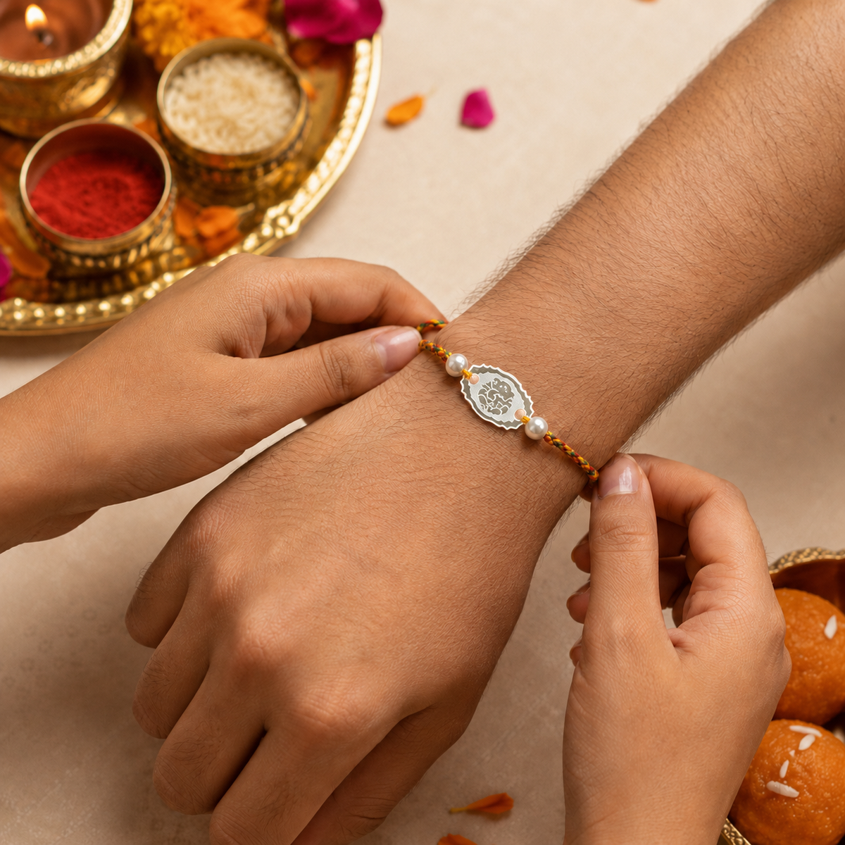 Hands tying 925 pure silver Lord Ganesha engraved pearl rakhi bracelet on brother wrist for Raksha Bandhan
