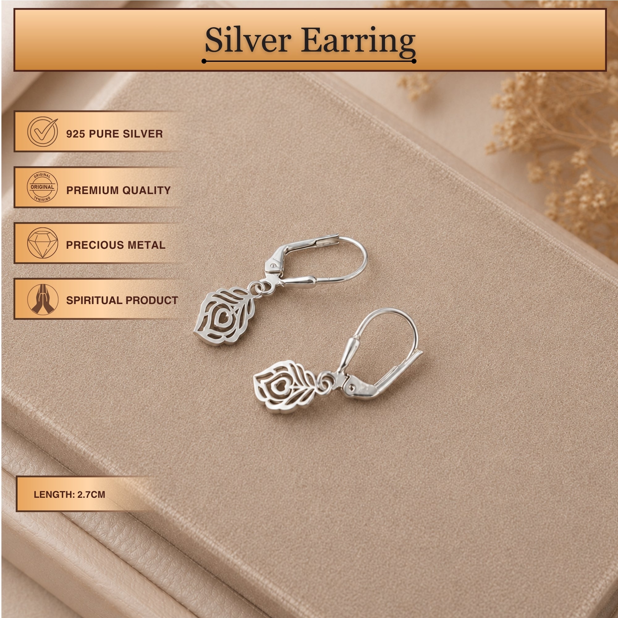 Infographic displaying features of 925 pure silver Mor Pankh peacock feather lever back earrings