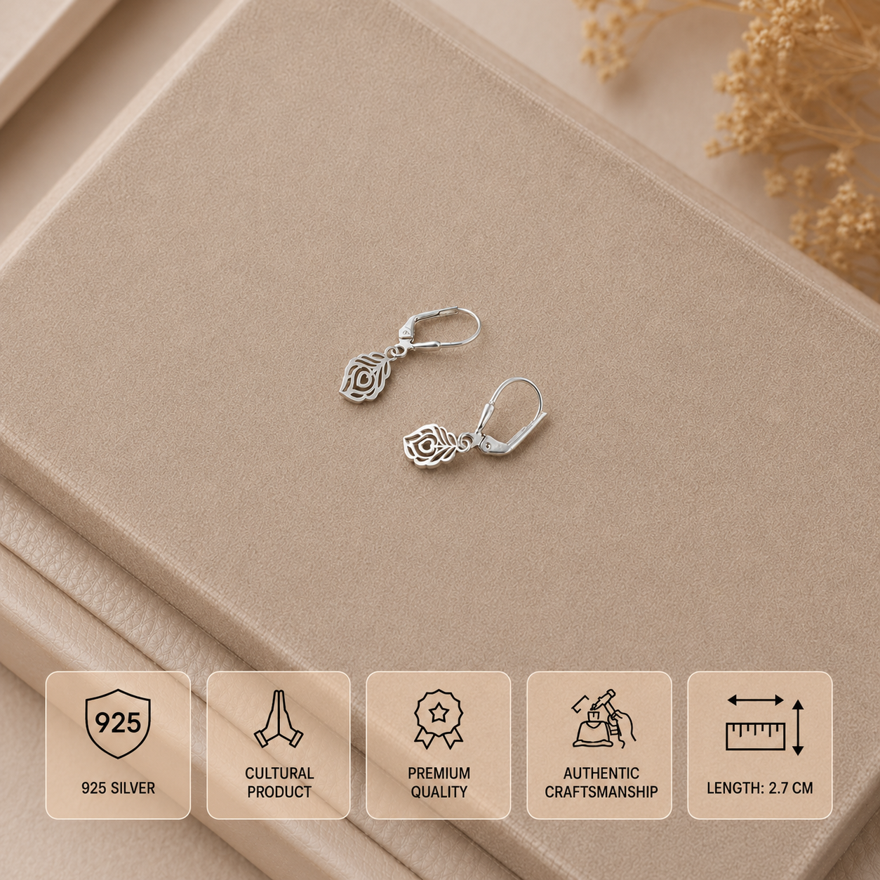 Infographic displaying features of 925 pure silver Mor Pankh peacock feather lever back earrings