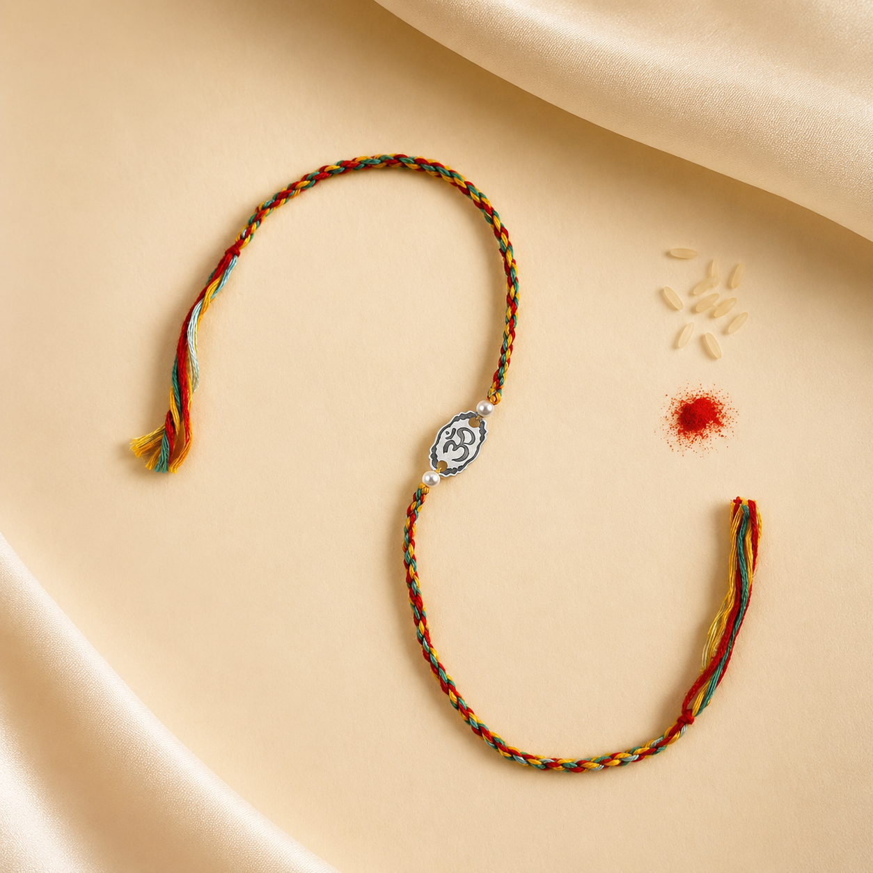 925 pure silver oval Om charm rakhi with pearl beads on golden tan thread flat lay view
