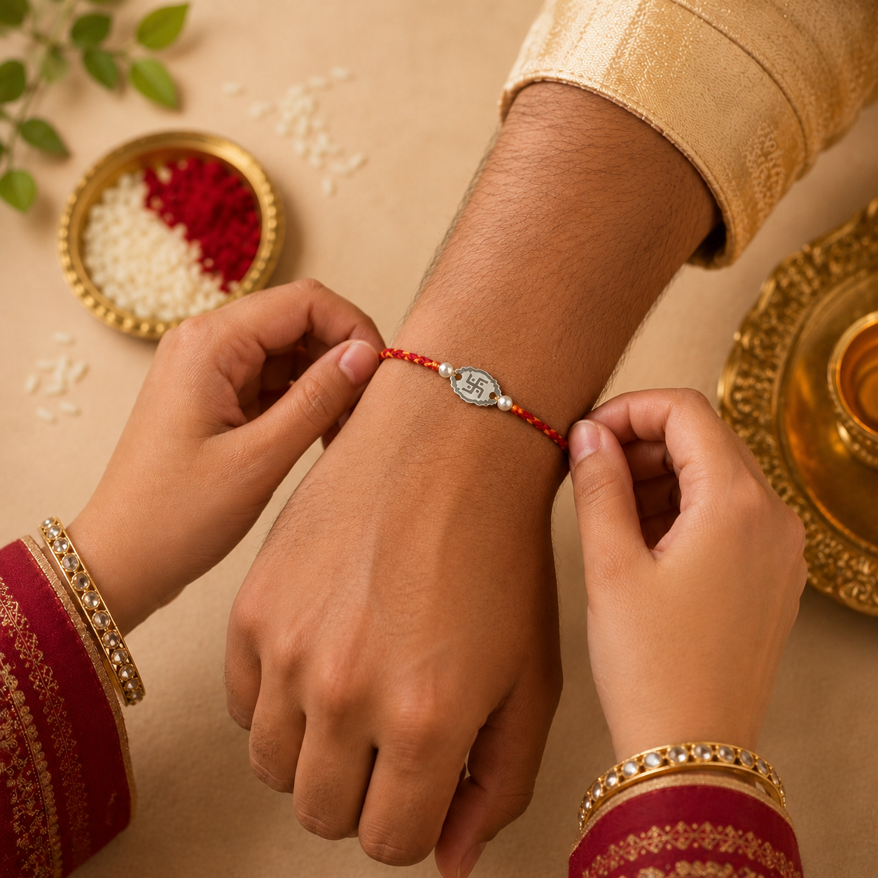 Hands tying 925 pure silver sacred Swastik pearl rakhi bracelet on brother wrist for Raksha Bandhan