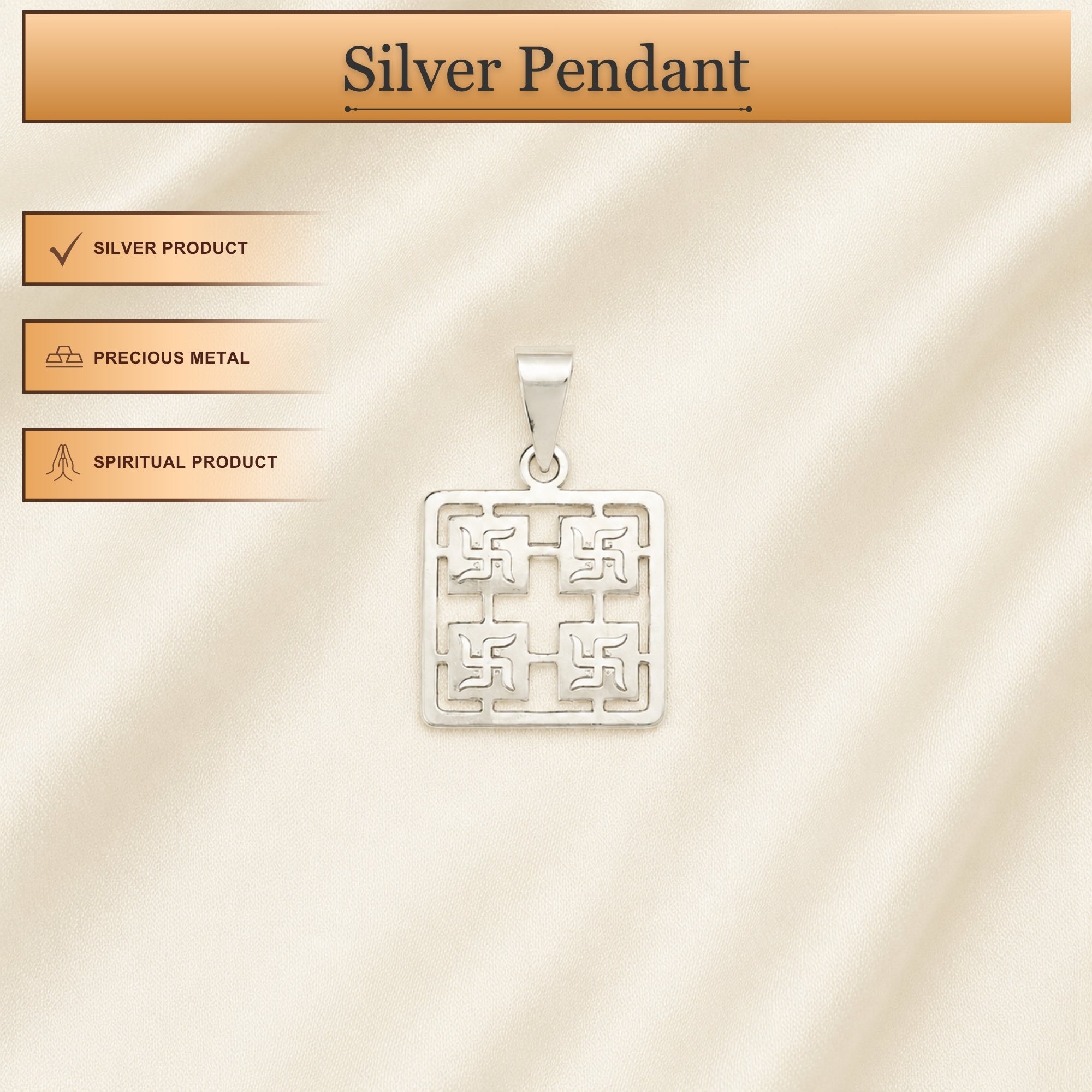 Infographic displaying features of 925 pure silver sacred Swastika pendant locket for men and women