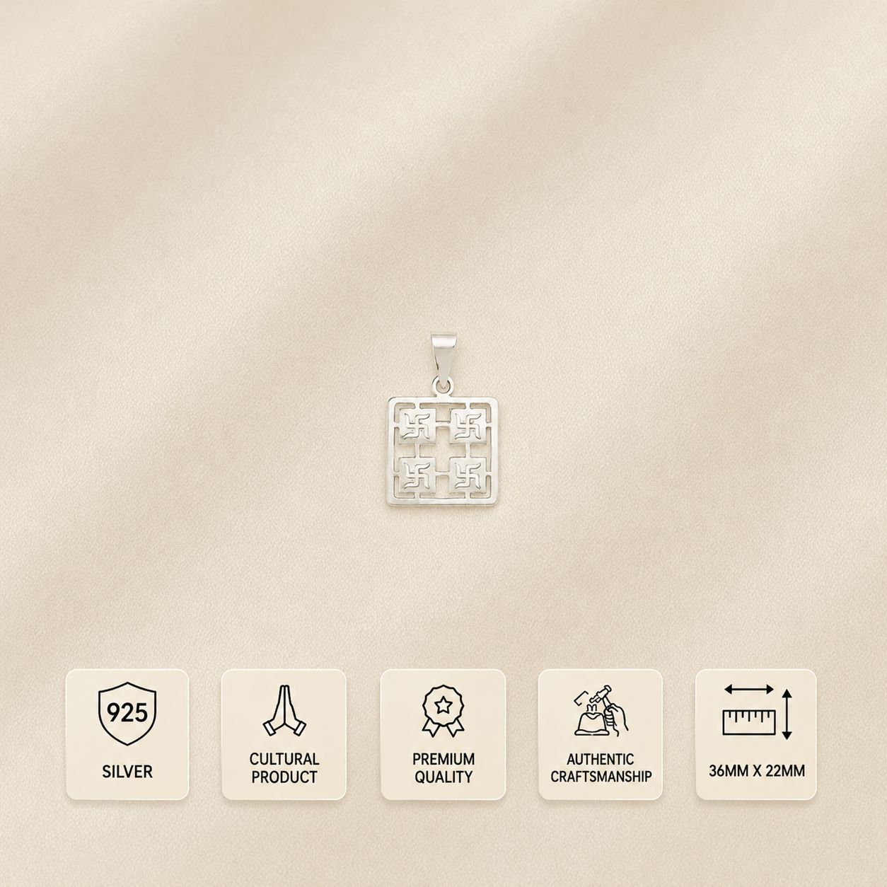Infographic displaying features of 925 pure silver sacred Swastika pendant locket for men and women