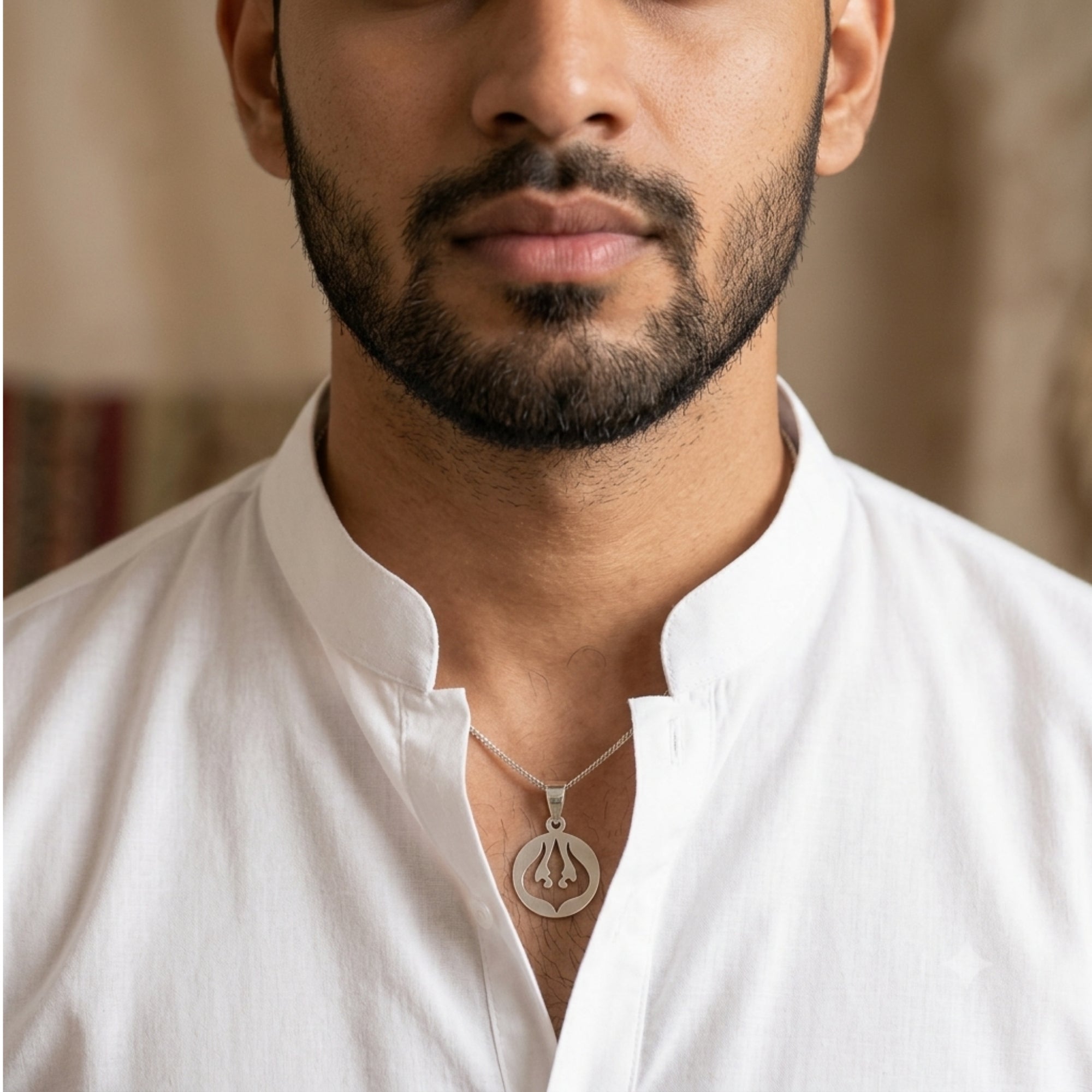 Model wearing 925 pure silver sacred Trident pendant locket with white kurta 