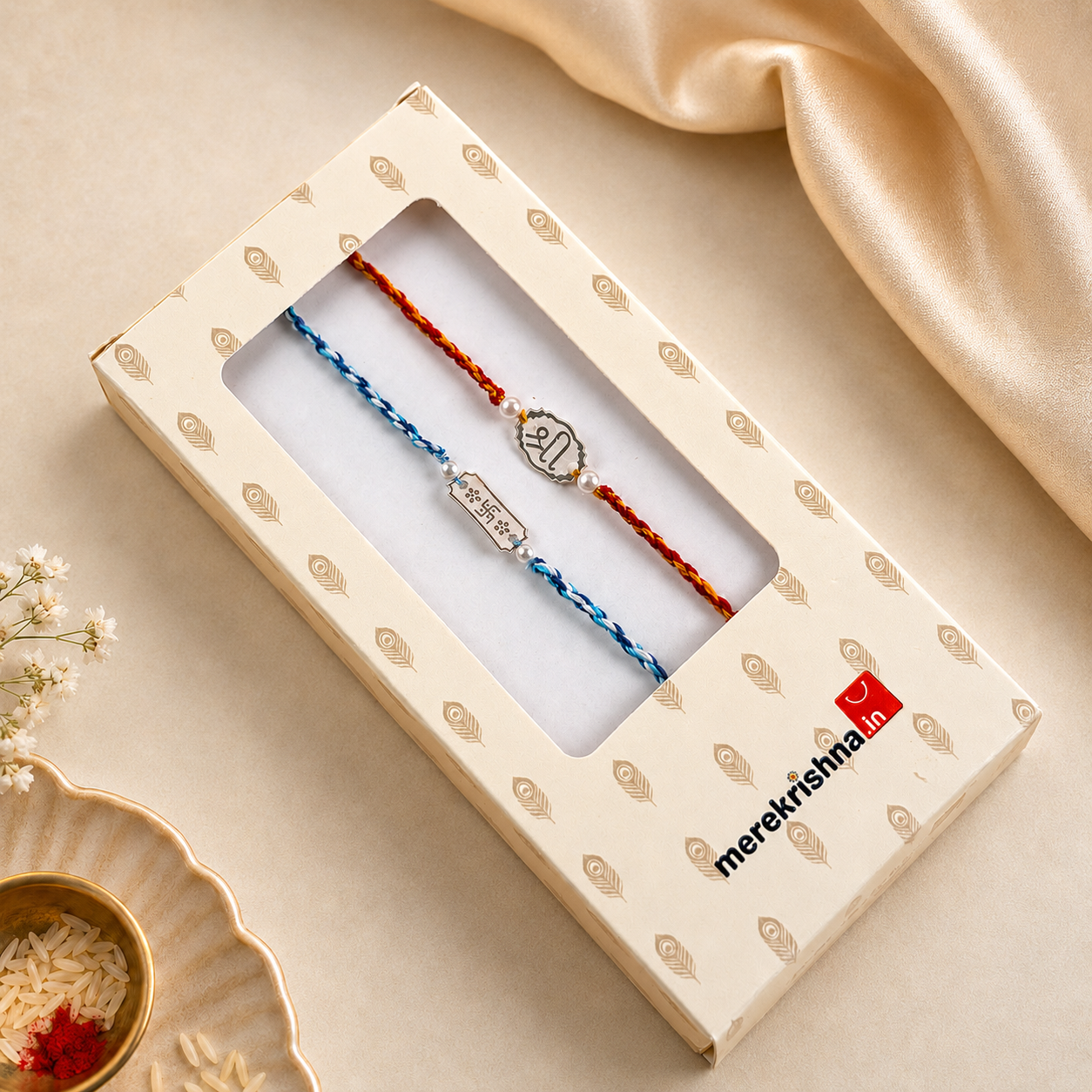 925 pure silver Shree and Swastika pearl rakhi pair set of 2 in Mere Krishna gift box