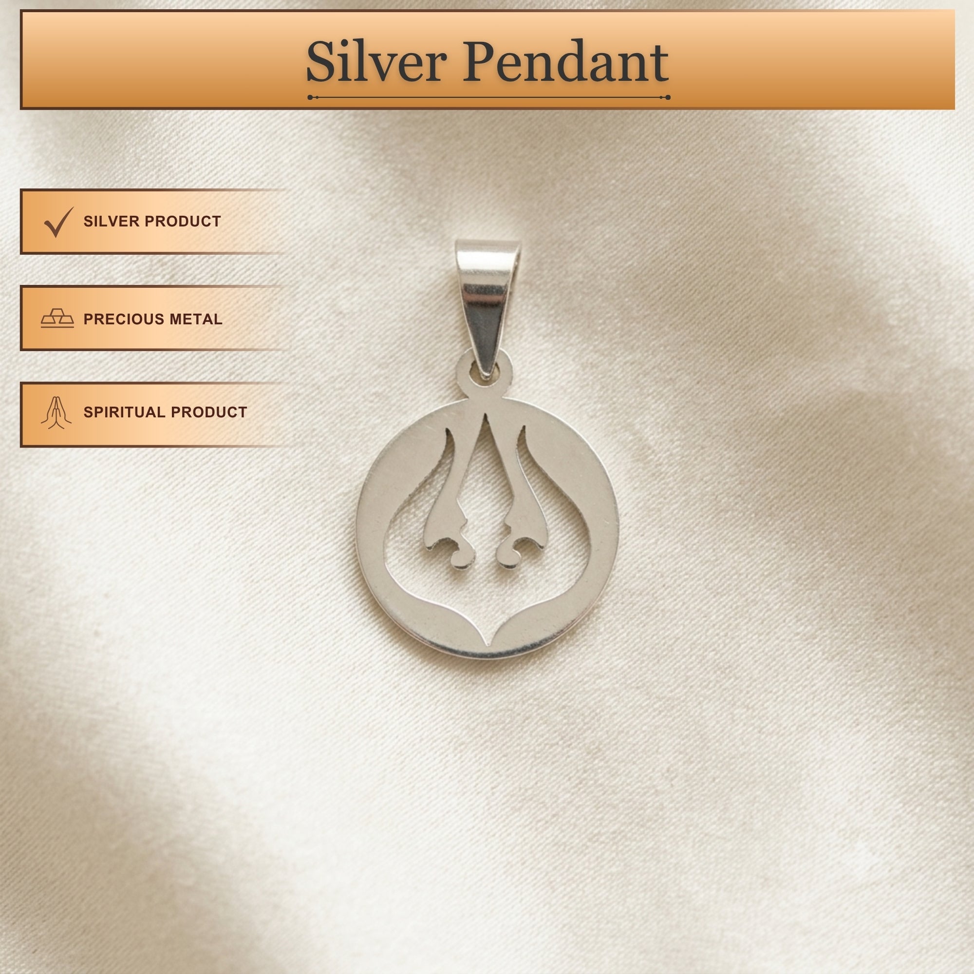 Infographic displaying features of 925 pure silver Trident Trishul pendant locket