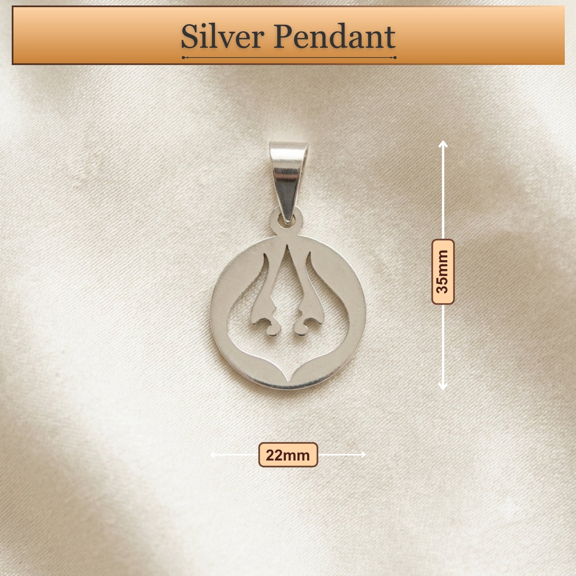 Dimension diagram showing size and measurement of 925 pure silver Trident Trishul pendant locket 