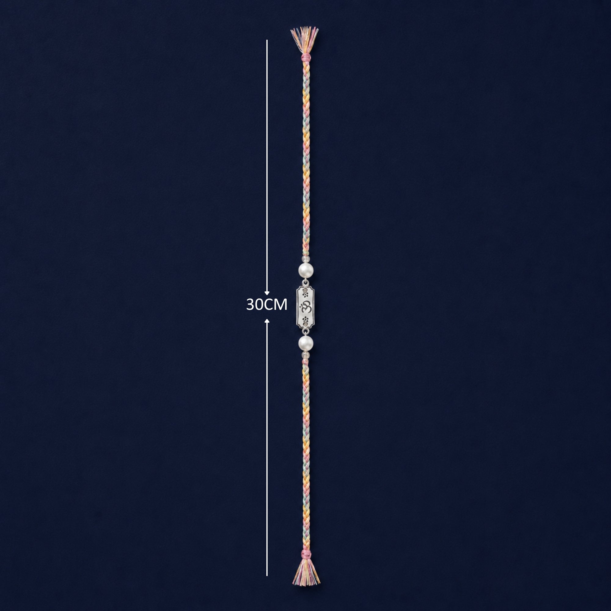 Full length layout showing thread length and dimensions of 925 silver Om Subh Labh pearl rakhi