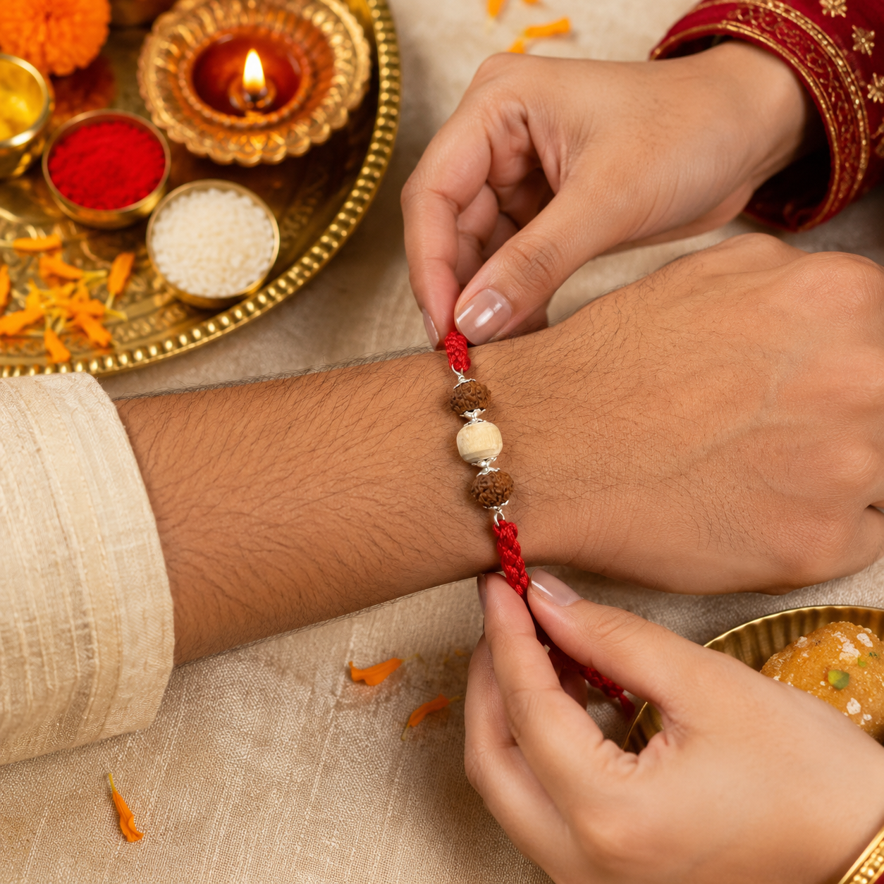 Hands tying 925 pure silver capped Rudraksha and smooth Tulsi sacred rakhi bracelet on brother wrist for Raksha Bandhan