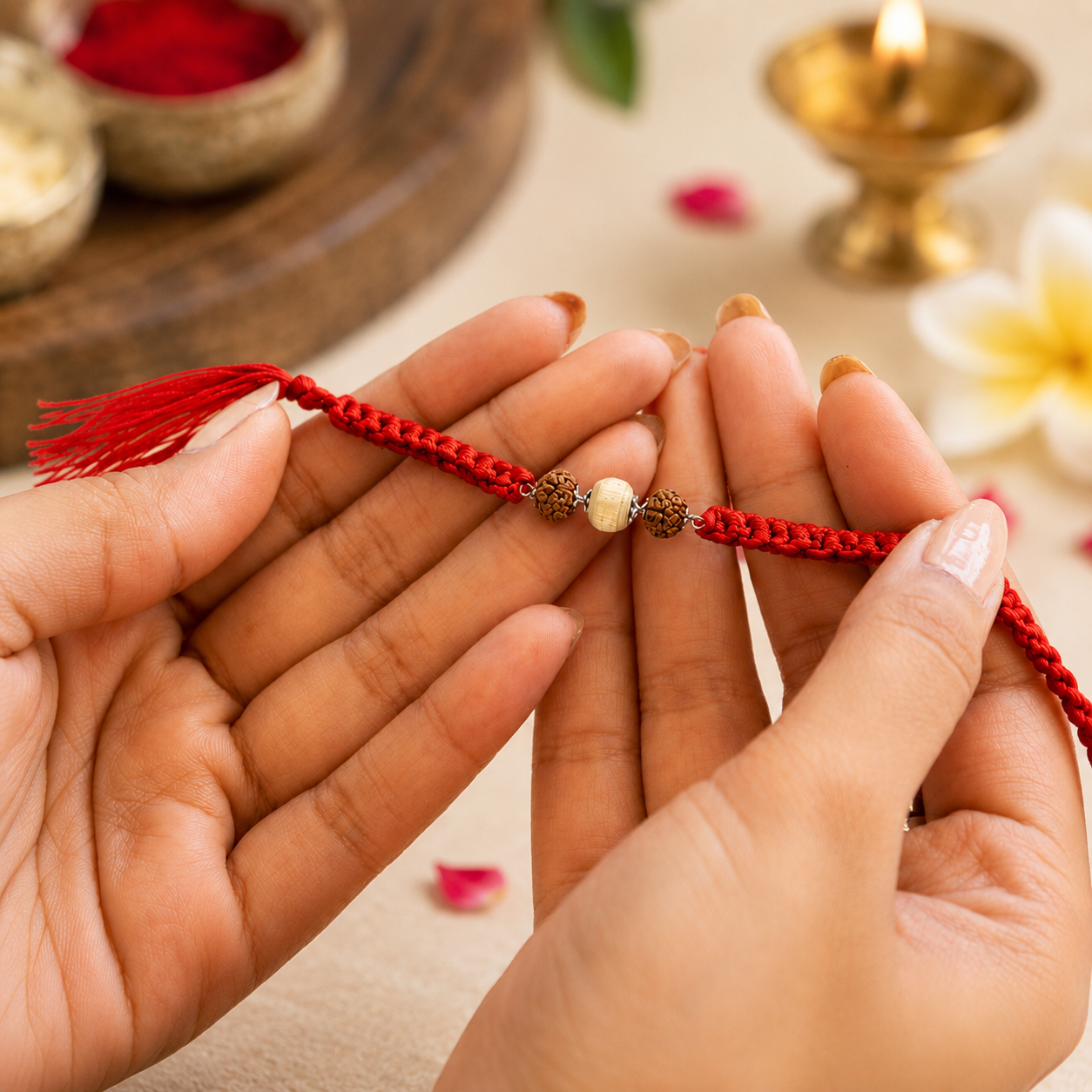 Female hands holding 925 pure silver capped Rudraksha and smooth Tulsi bead rakhi on red thread