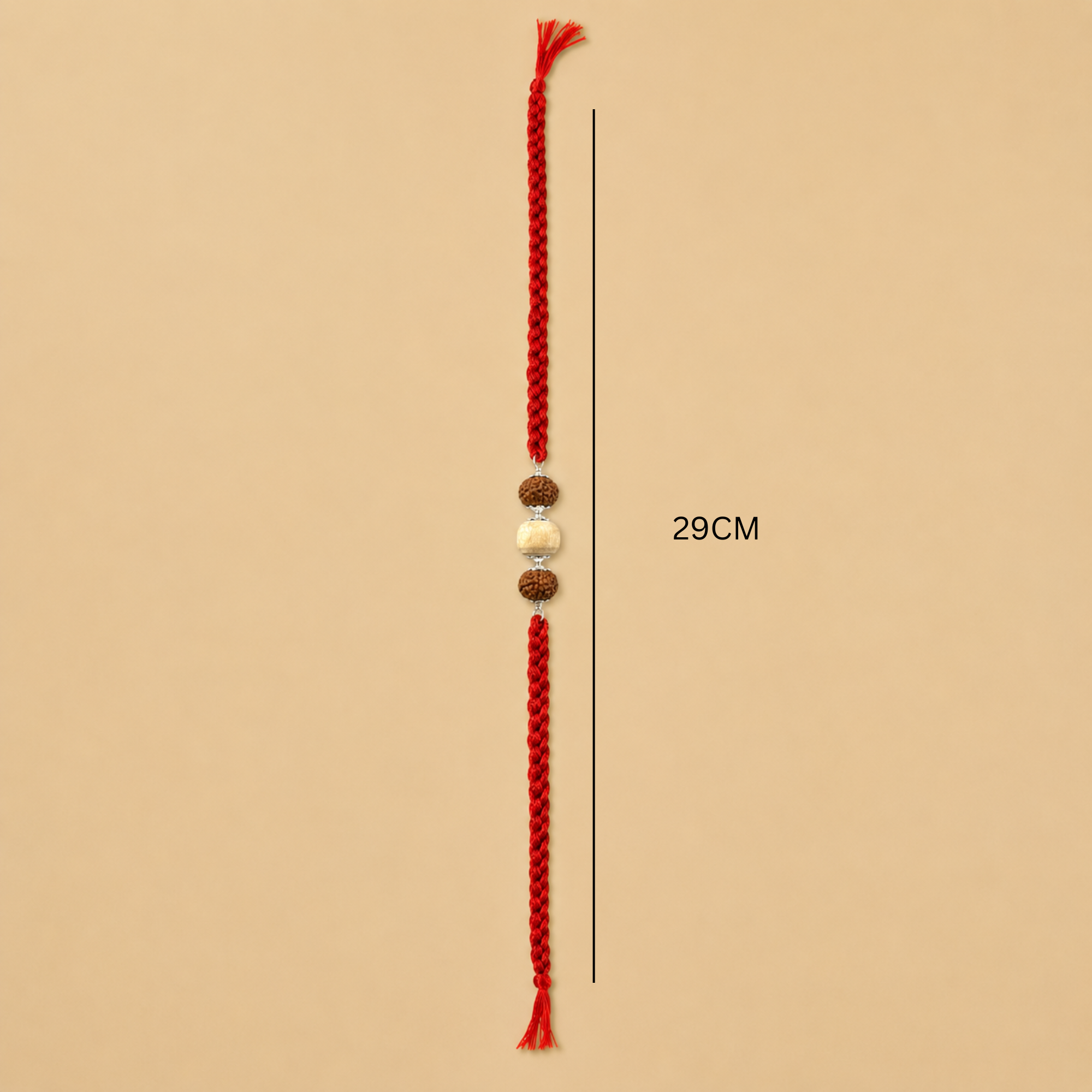 Full length layout showing 28cm thread length and dimensions of 925 silver capped Rudraksha and Tulsi rakhi