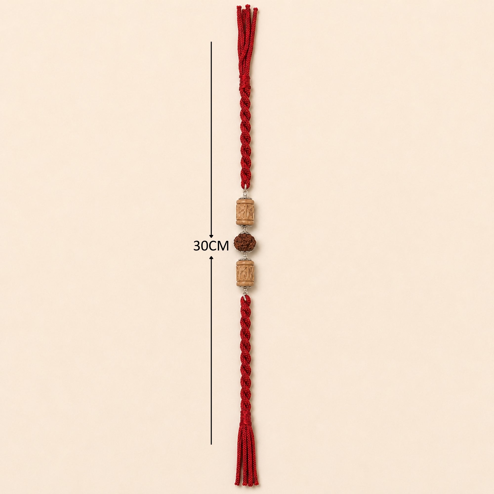 Full length layout showing thread length and dimensions of 925 silver capped Rudraksha and Tulsi designer rakhi