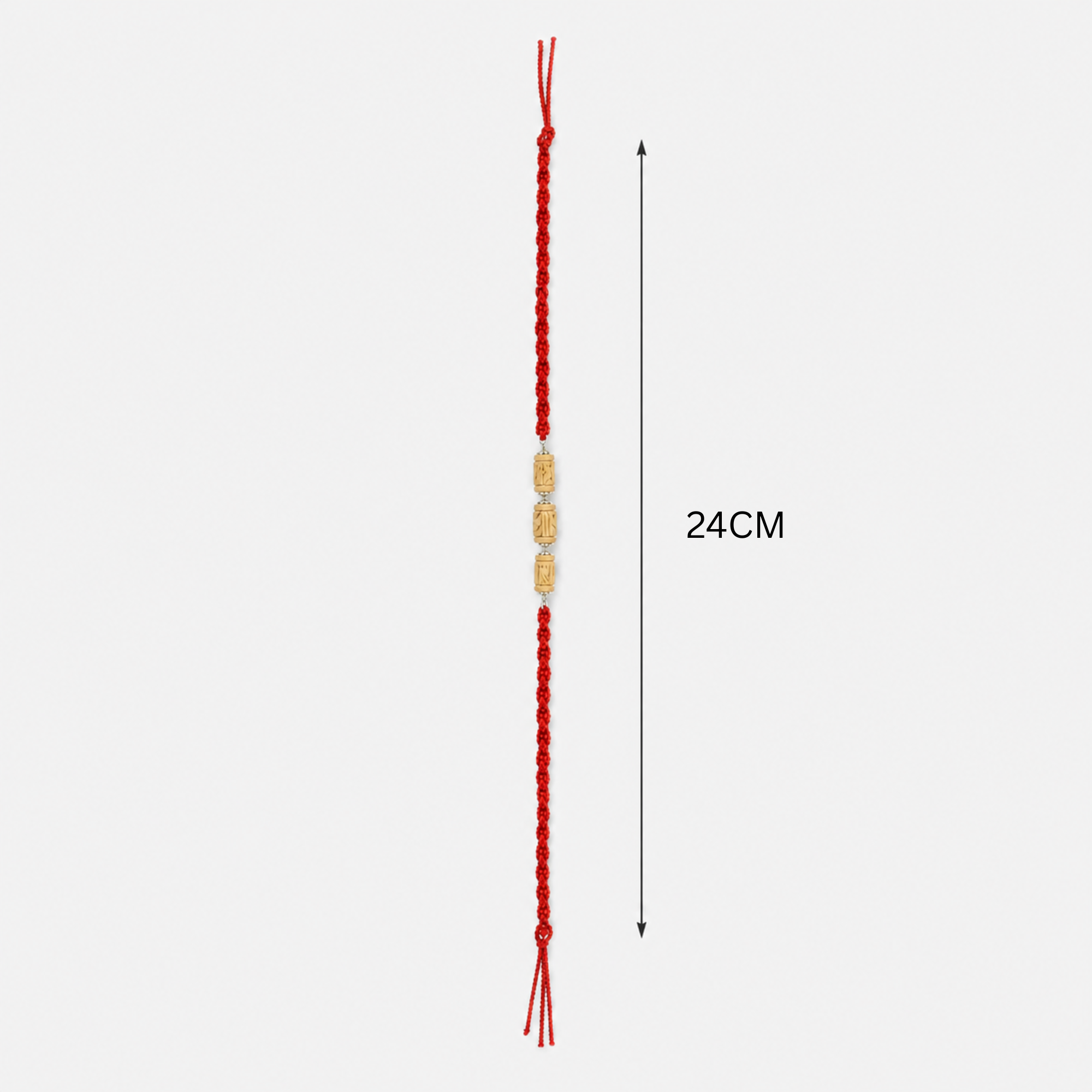 Full length layout showing 28cm thread length and dimensions of 925 pure silver capped Tulsi rakhi