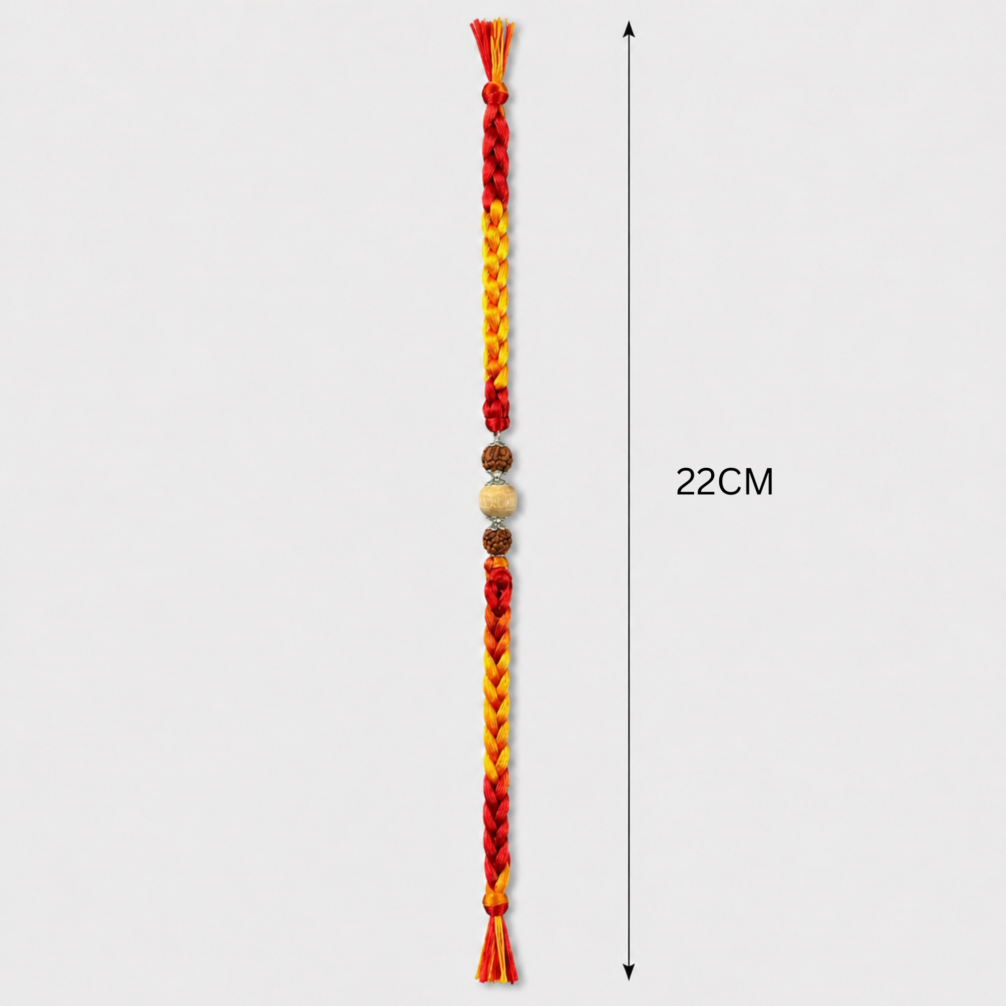 Full length layout showing 23cm thread length and dimensions of 925 pure silver capped Tulsi Rudraksha rakhi