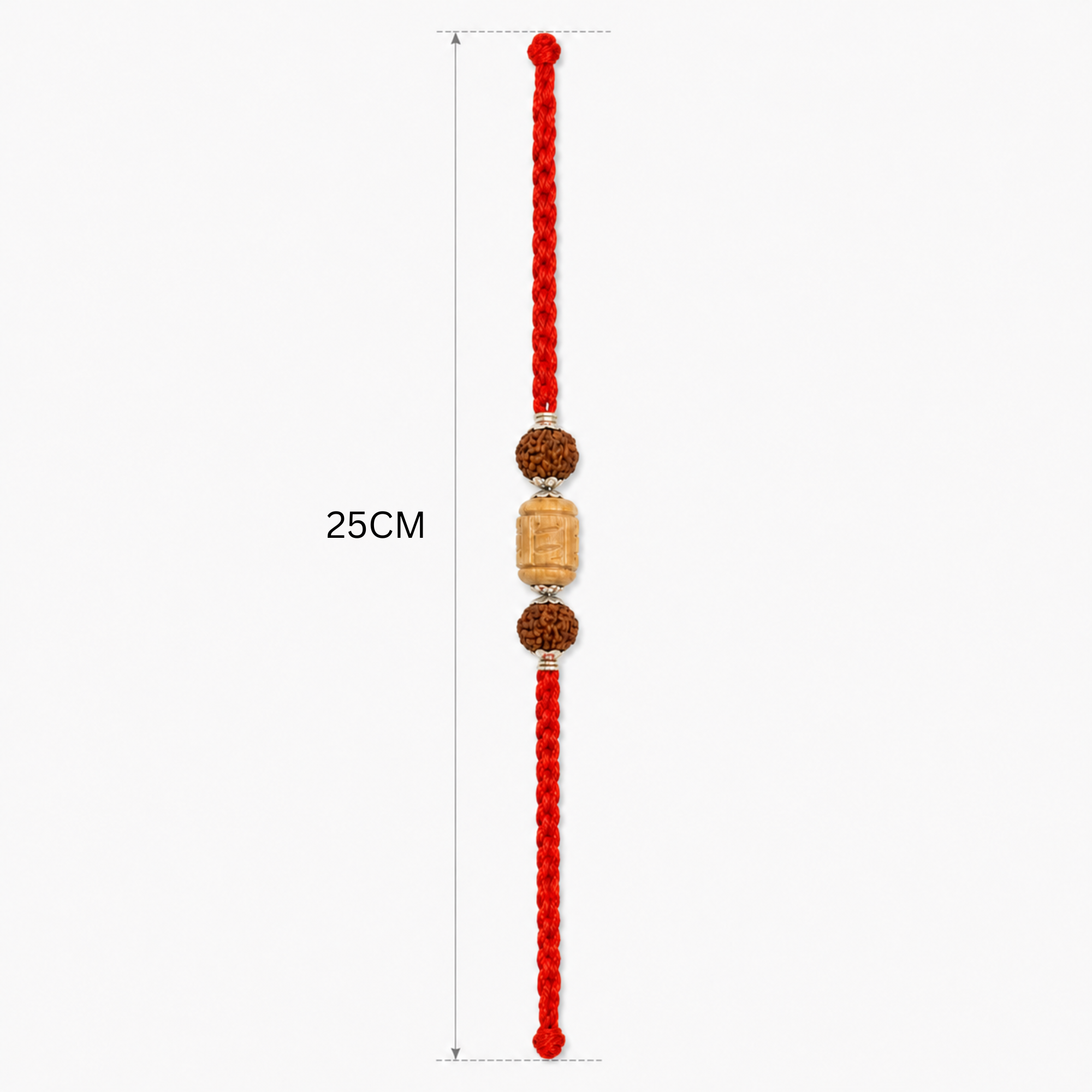 Full length layout showing 25cm thread length and dimensions of 925 silver capped Tulsi Rudraksha rakhi