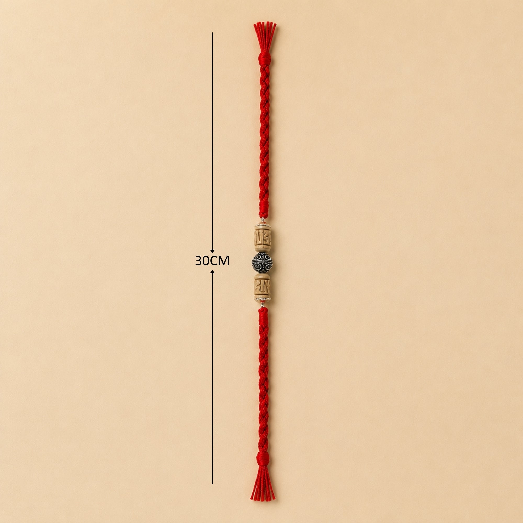 Full length layout showing red thread length and dimensions of 925 silver designer Tulsi bead rakhi