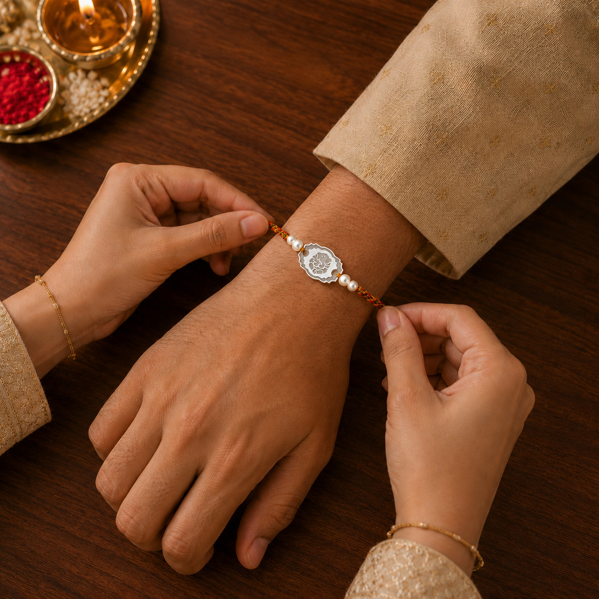 Hands tying 925 pure silver engraved oval Ganesha rakhi bracelet on brother wrist for Raksha Bandhan