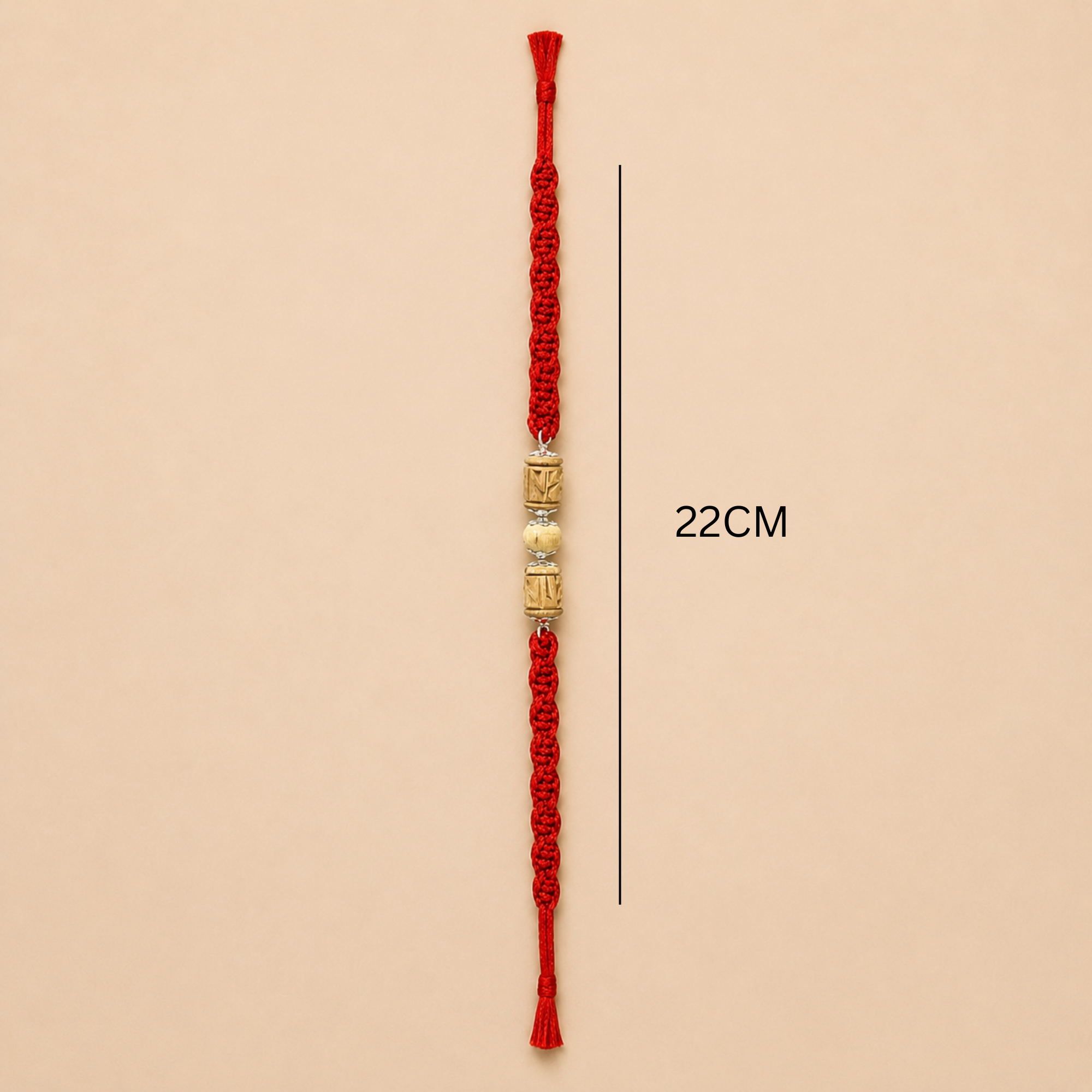 Full length layout showing 22cm thread length and dimensions of 925 silver flower capped original Tulsi bead rakhi