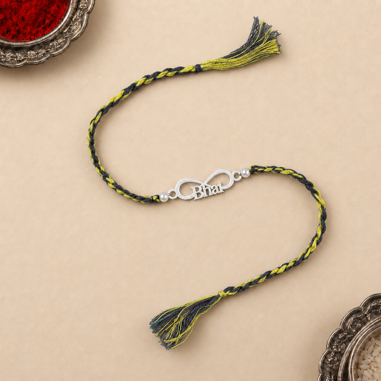 Pure silver infinity Bhai script rakhi on dual tone yellow and black braided cord