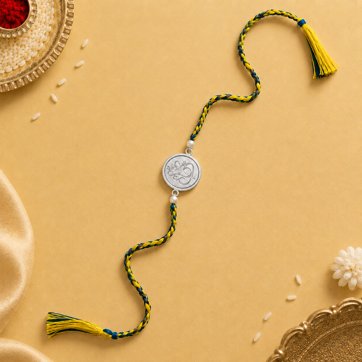 925 pure silver Lord Ganesha calligraphy coin rakhi on dual tone green and yellow braided cord