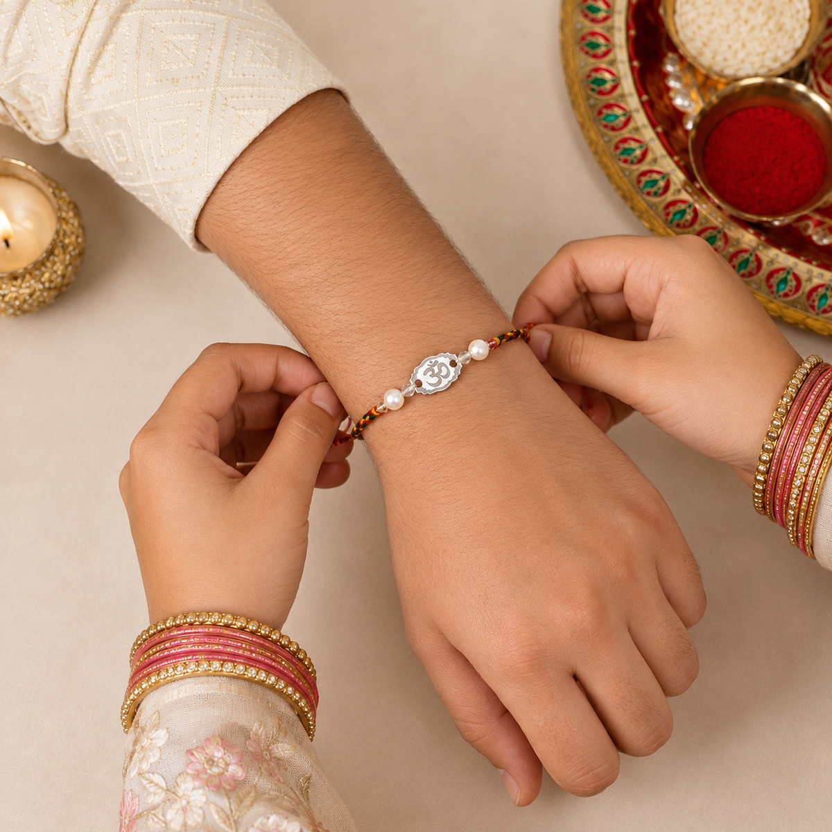 Hands tying 925 pure silver Om symbol oval pearl rakhi bracelet on brother wrist for Raksha Bandhan