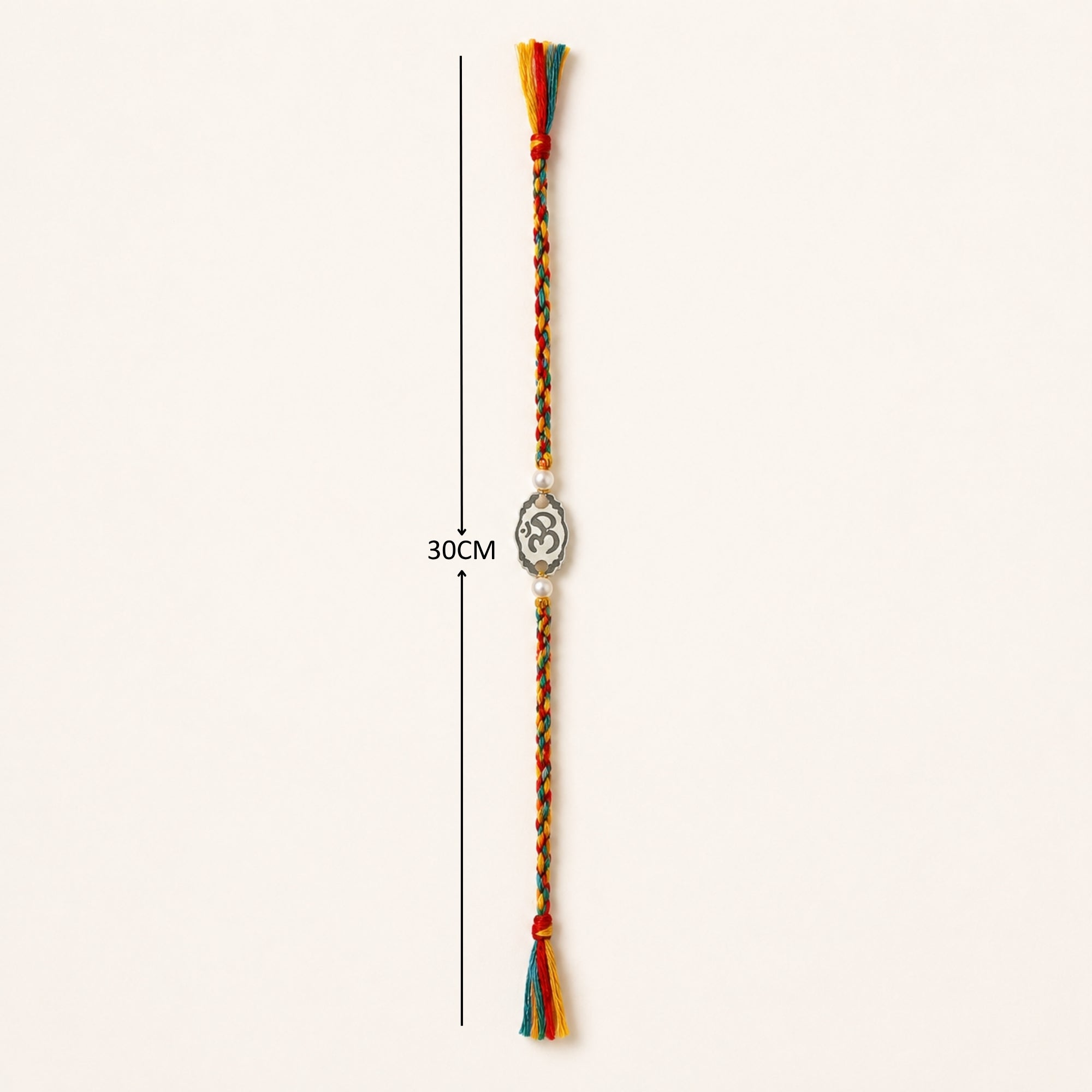 Full length layout showing thread length and dimensions of 925 pure silver Om pearl rakhi