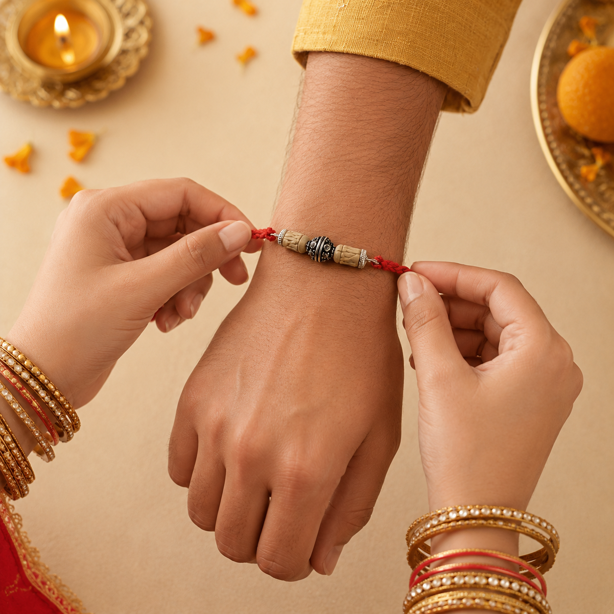 Hands tying 925 pure silver ornate capped tulsi bead rakhi bracelet on brother wrist for Raksha Bandhan