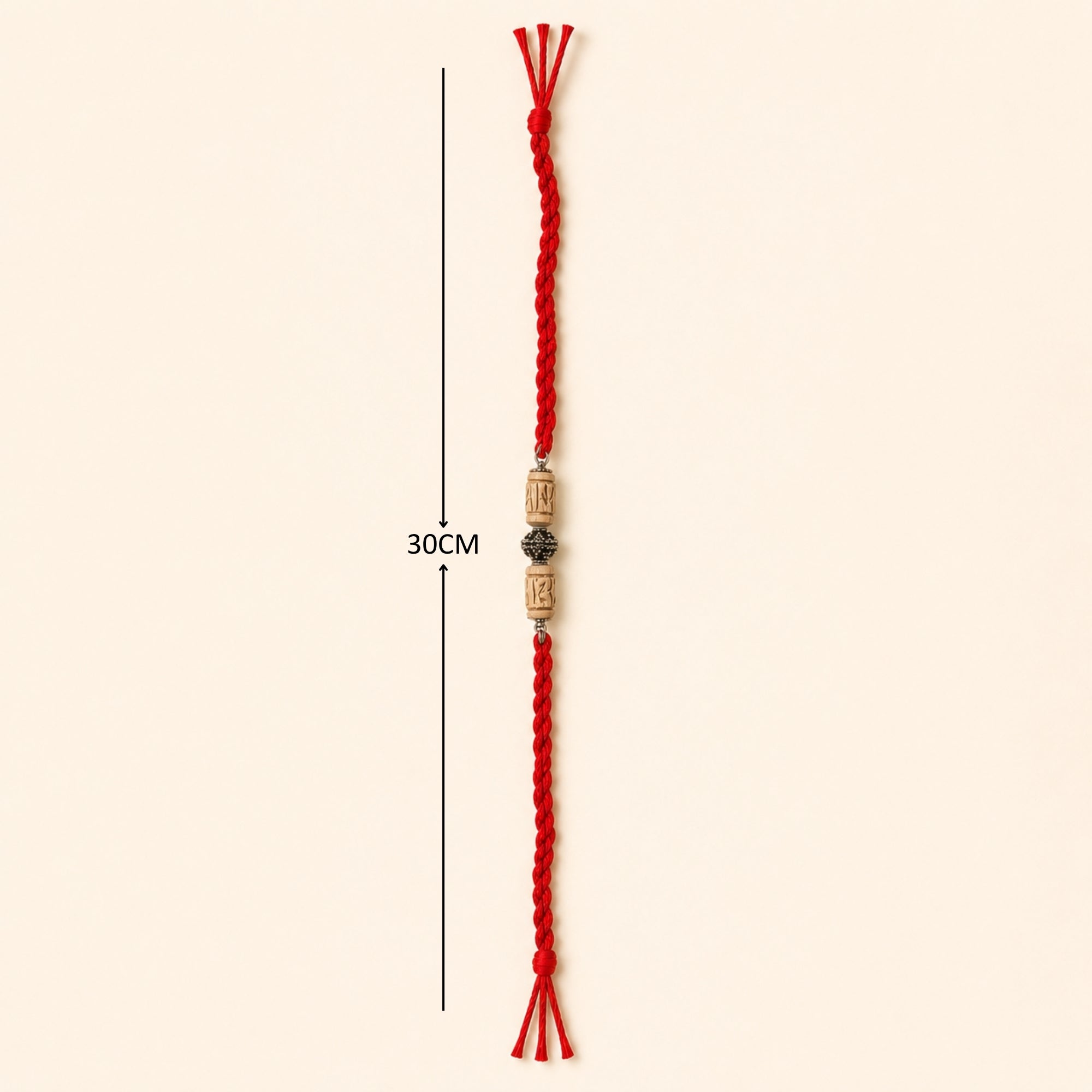 Full length layout showing thread length and dimensions of 925 silver sacred Tulsi bead rakhi
