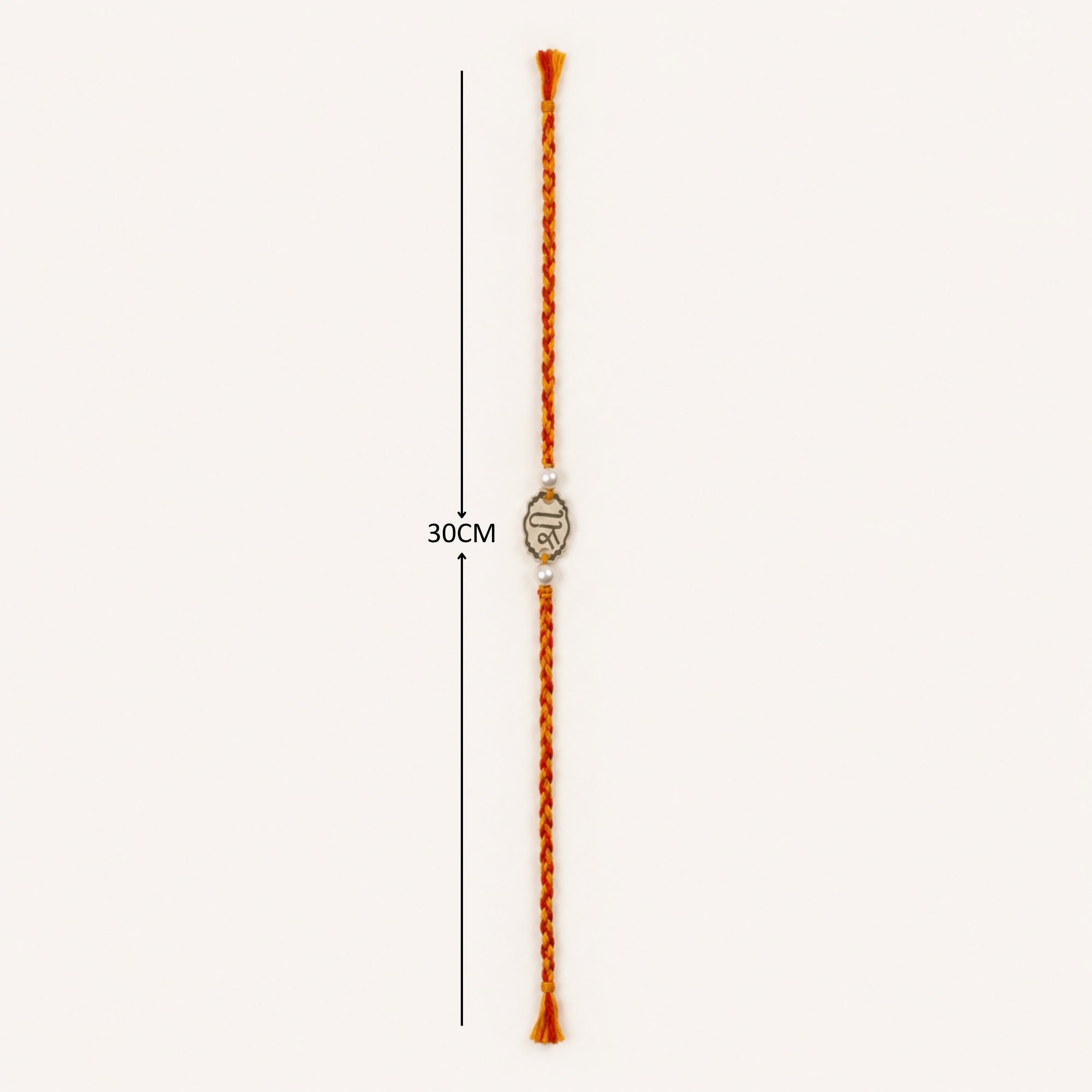 Full length layout showing thread length and dimensions of 925 pure silver Shree pearl rakhi