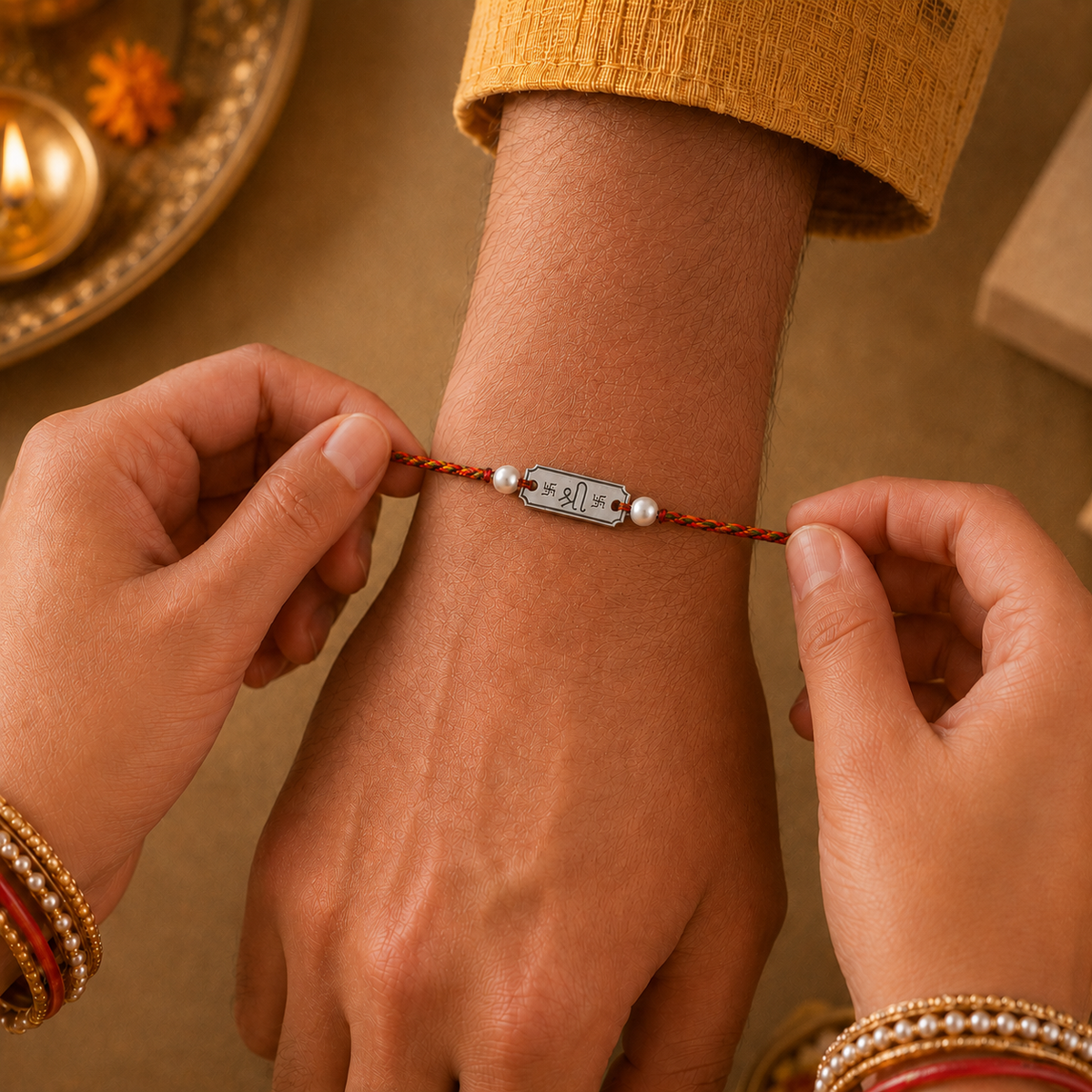 Hands tying 925 pure silver Shree Swastik engraved pearl rakhi bracelet on brother wrist for Raksha Bandhan