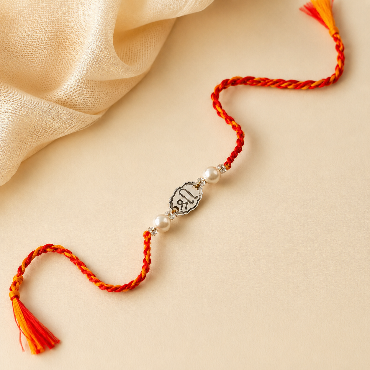 925 pure silver Shree symbol oval charm rakhi on red thread flat lay view