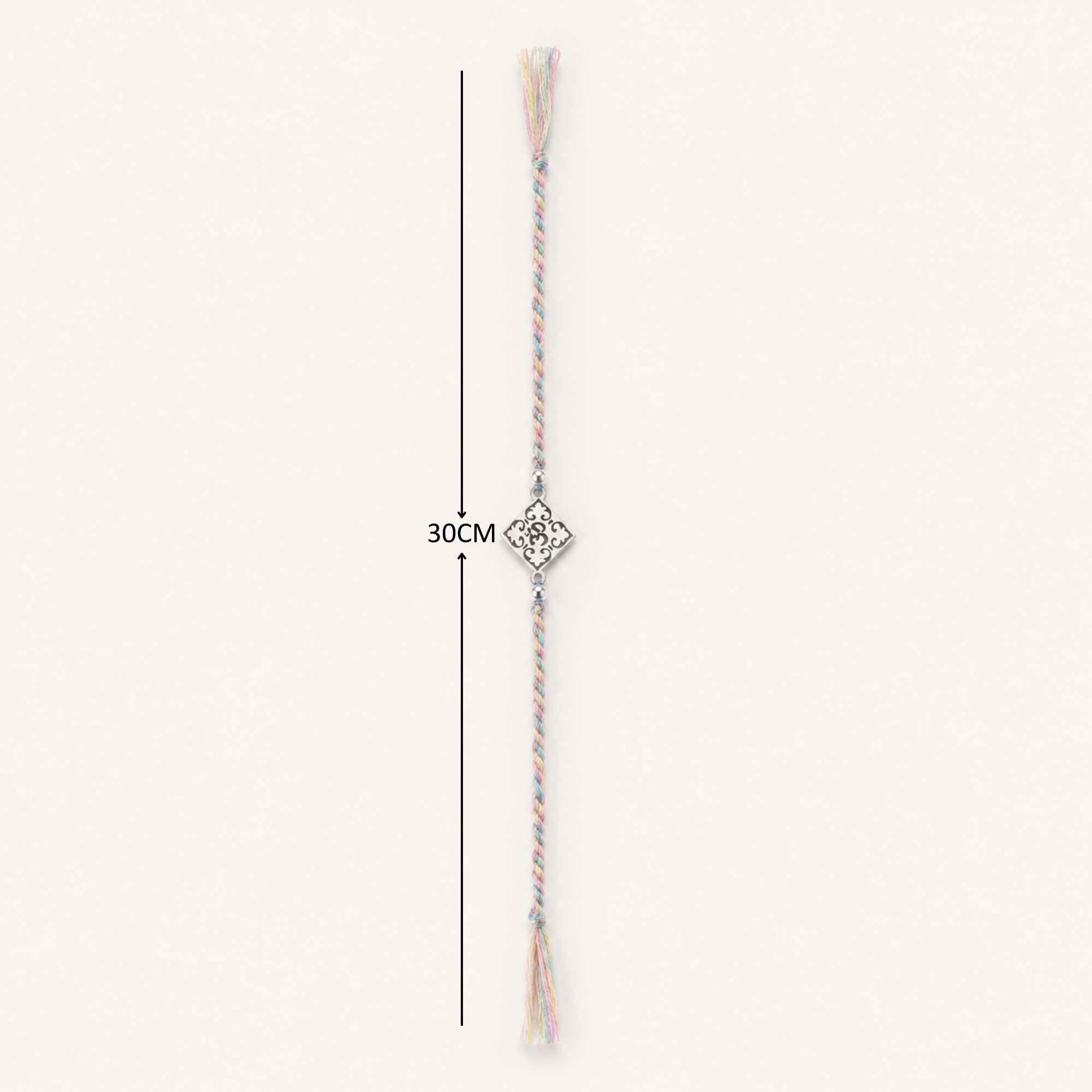 Full length layout showing thread length and dimensions of 925 pure silver square filigree floral pearl rakhi